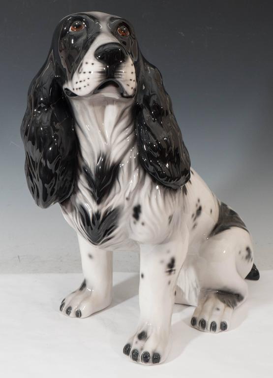 Mid-Century Italian Ceramic Sculpture of a Black and White Cocker Spaniel For Sale at 1stDibs