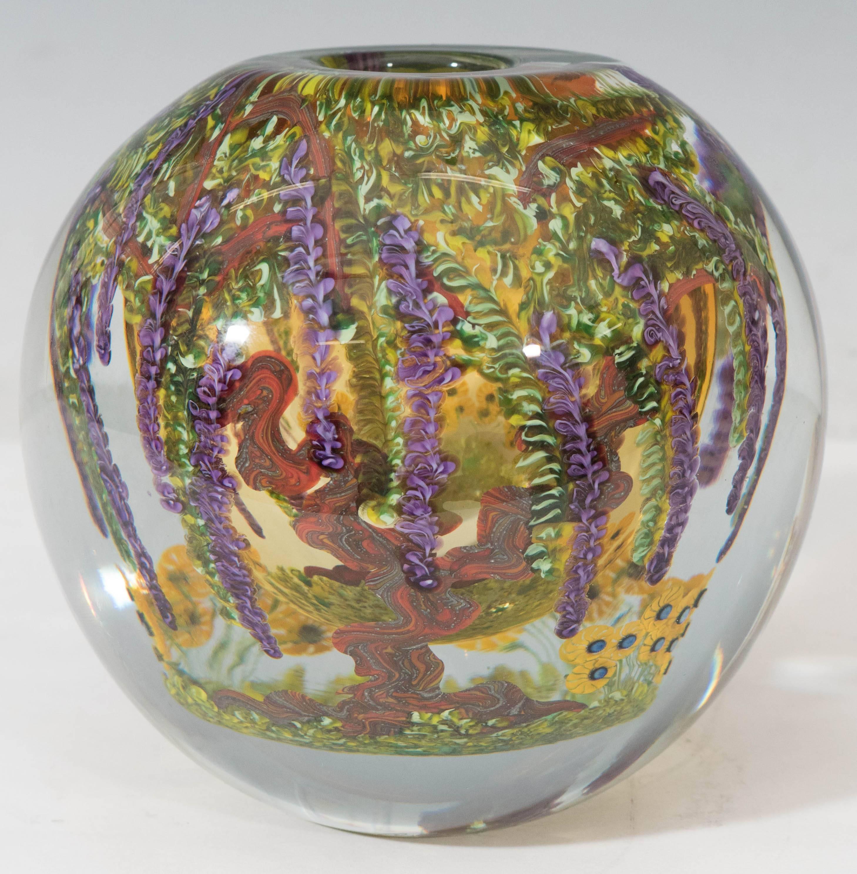 20th Century Chris Heilman Round Art Glass Vase with Wisteria and Flowers