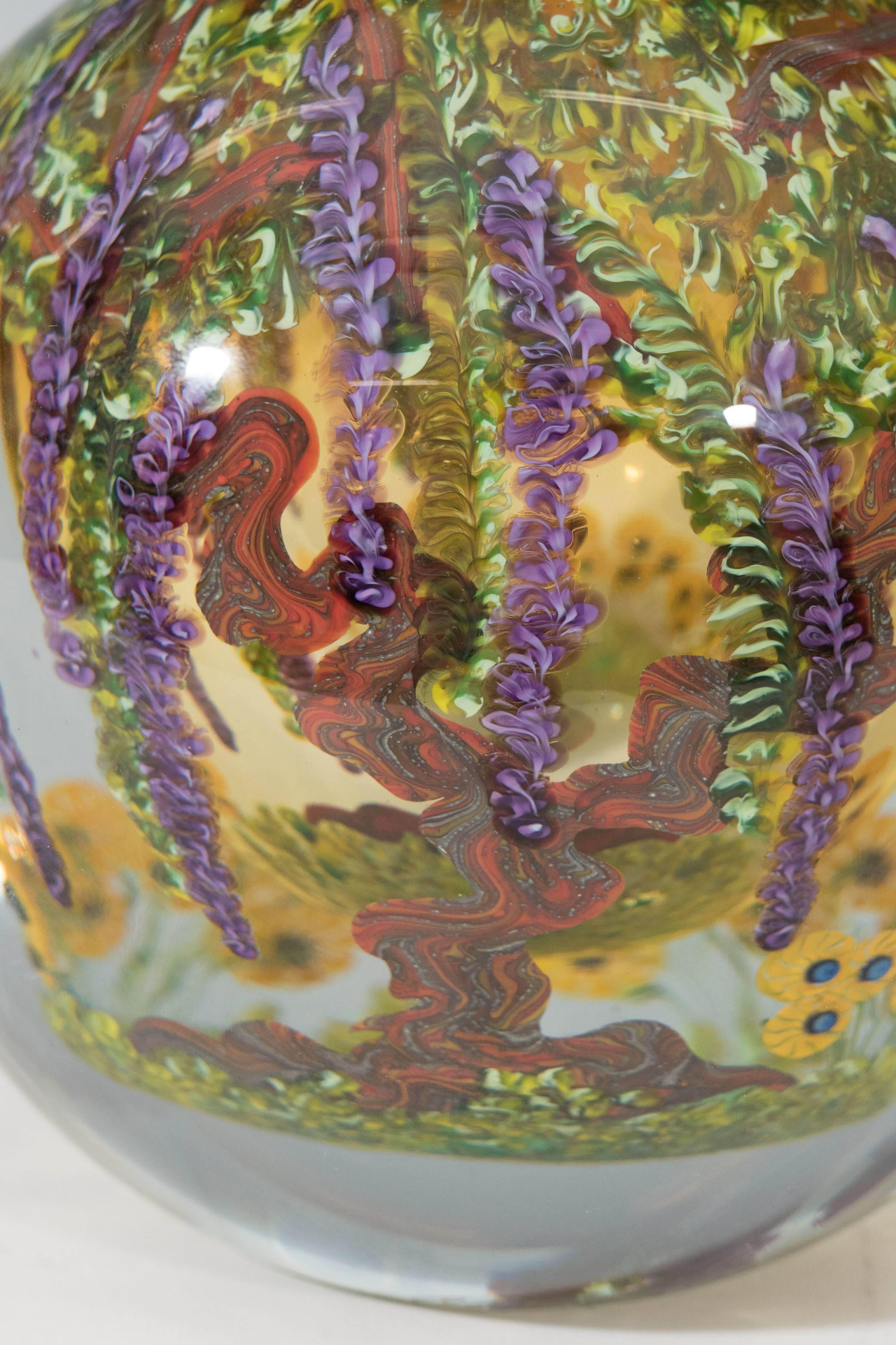 Blown Glass Chris Heilman Round Art Glass Vase with Wisteria and Flowers