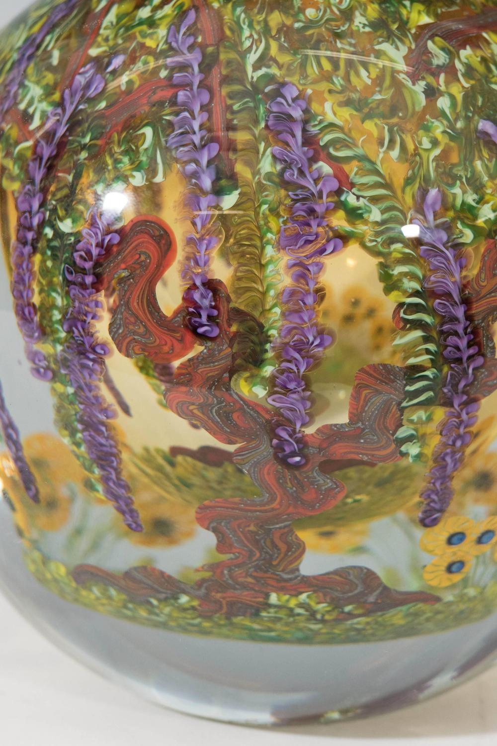 Chris Heilman Round Art Glass Vase With Wisteria And Flowers At 1stdibs