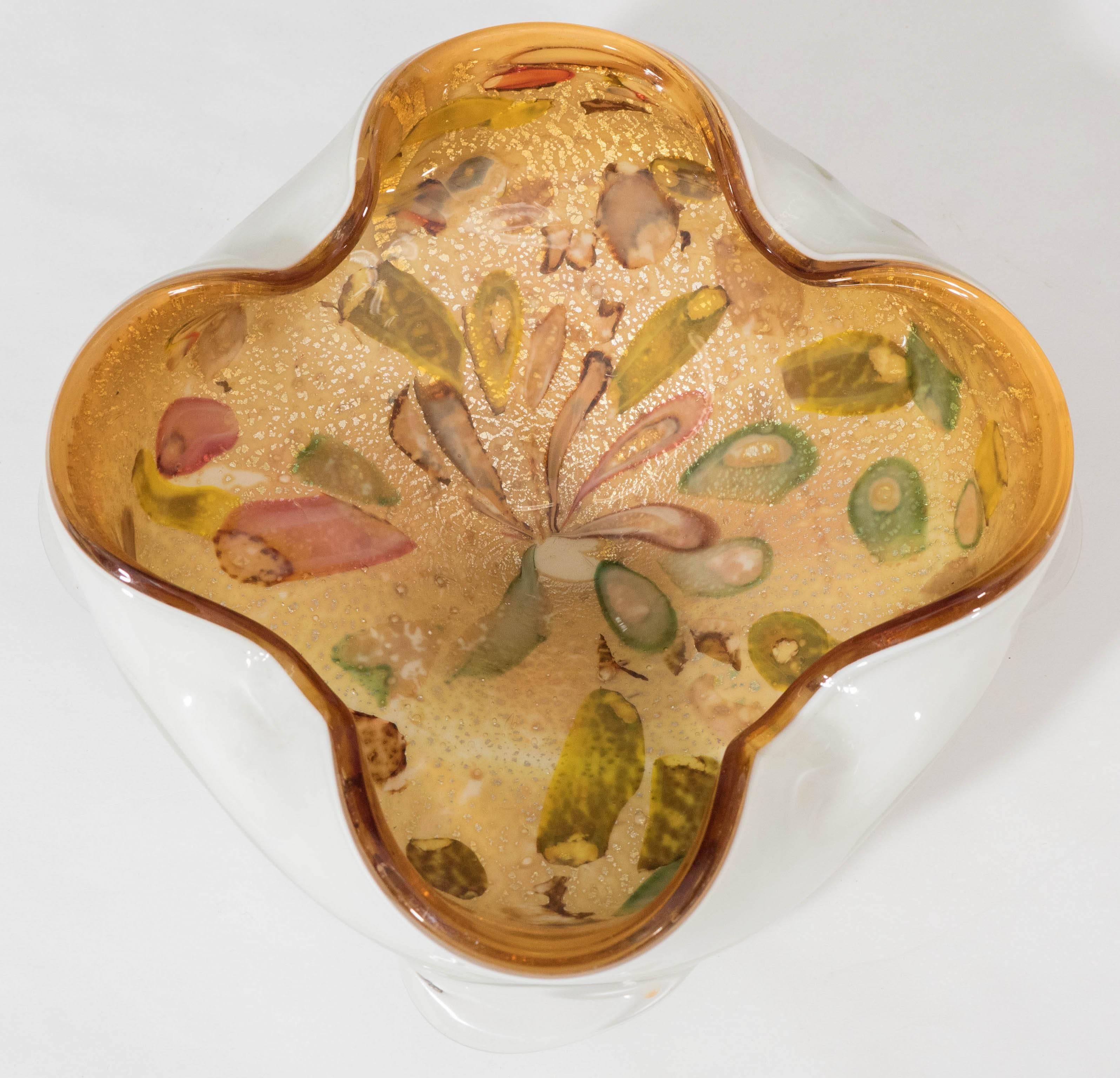 20th Century Murano Art Glass White Bowl with Colorful Interior & Aventurine Flecks For Sale