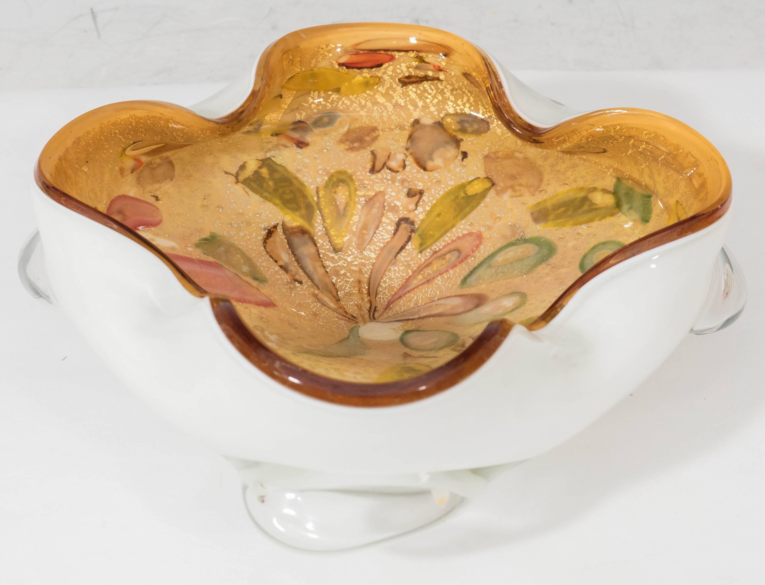 Murano Glass Murano Art Glass White Bowl with Colorful Interior & Aventurine Flecks For Sale