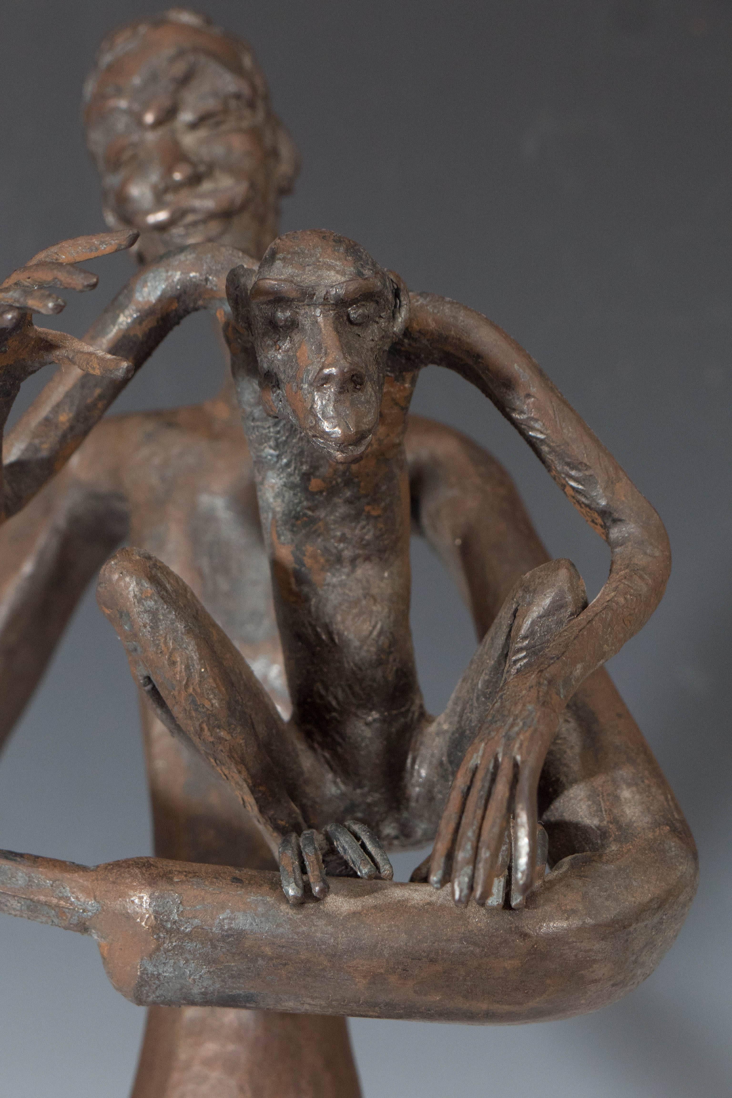 Modern Jean Marc Expressionist Bronze Sculpture of a Man and Monkey on Base For Sale