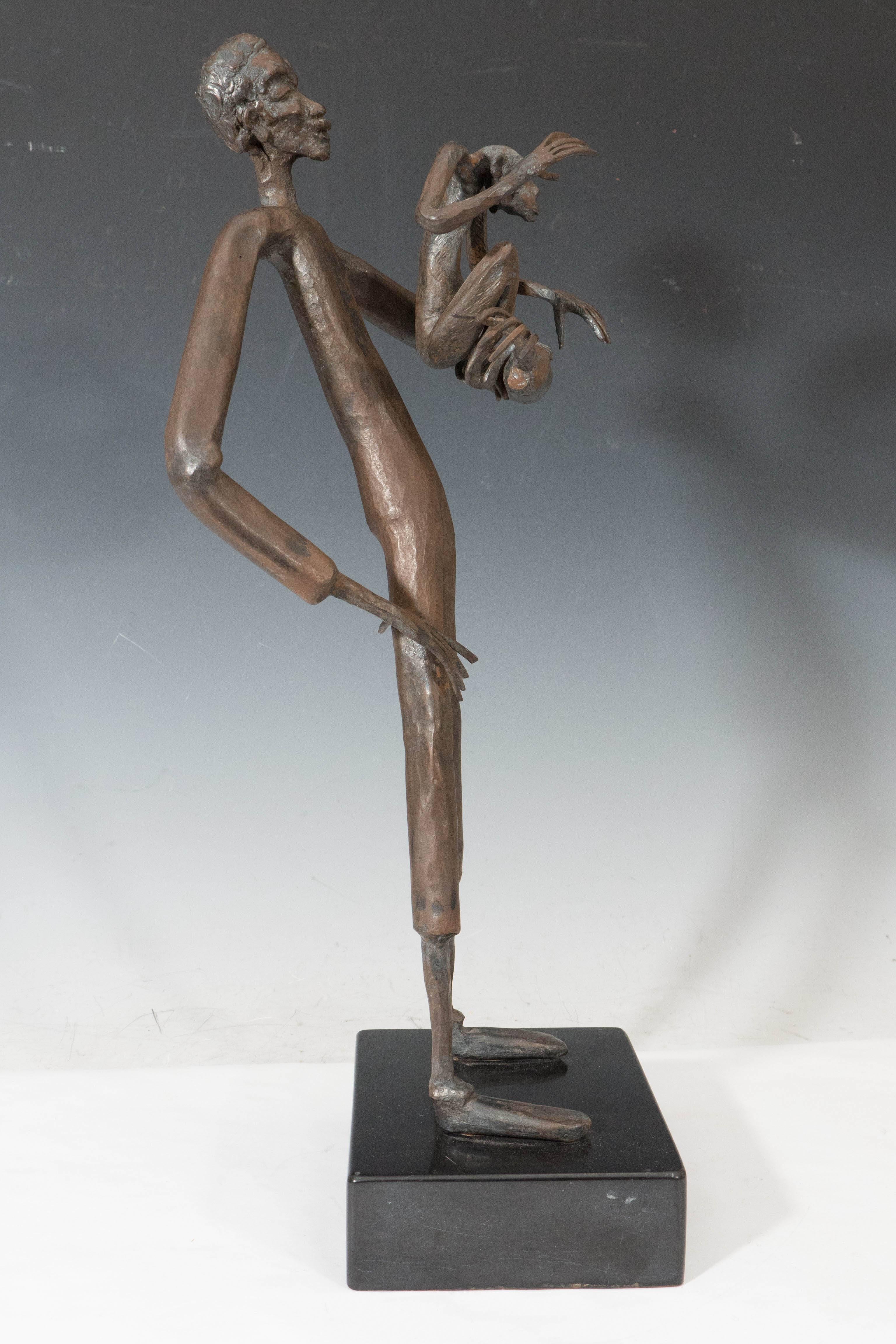 Jean Marc Expressionist Bronze Sculpture of a Man and Monkey on Base In Good Condition For Sale In New York, NY
