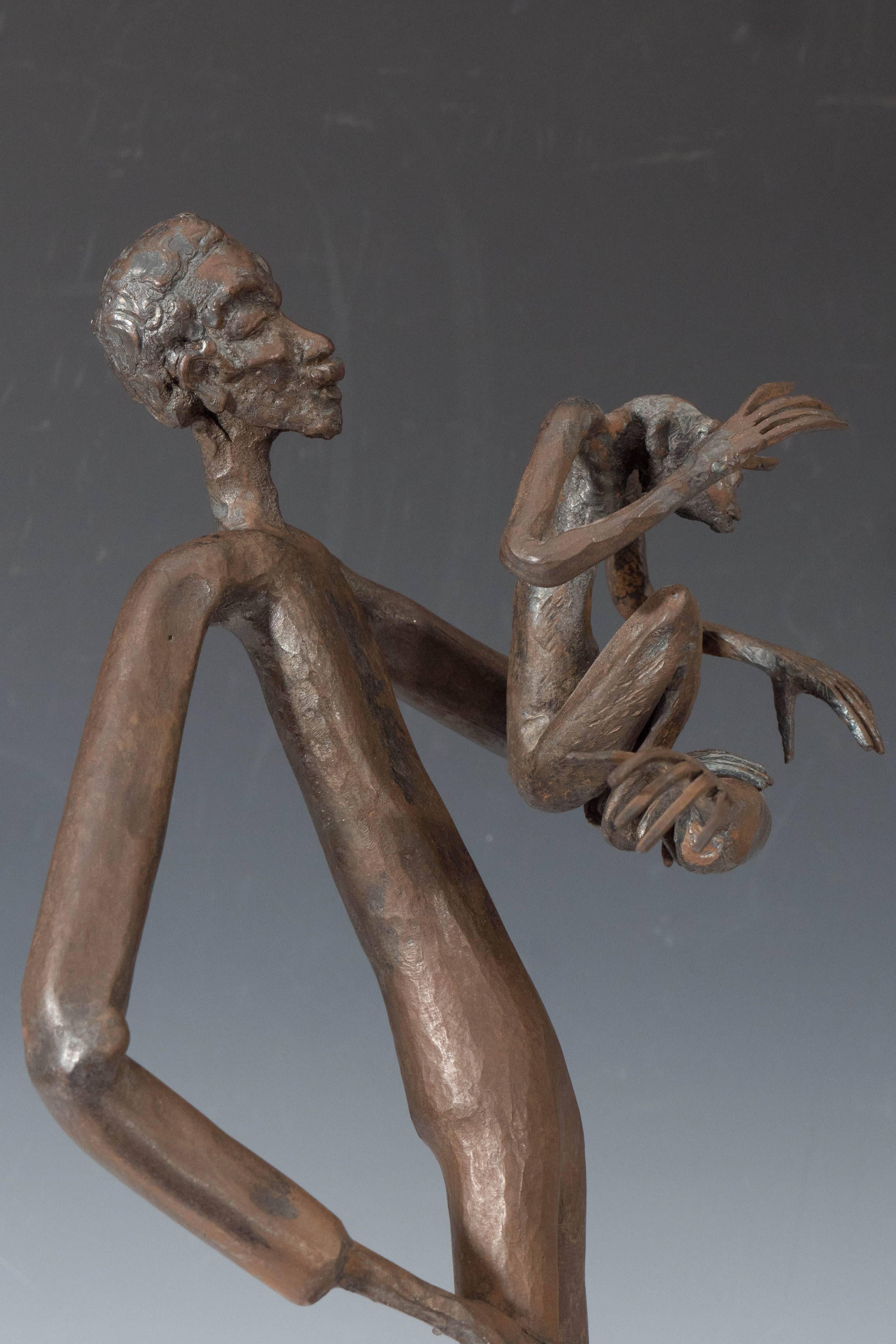 Mid-20th Century Jean Marc Expressionist Bronze Sculpture of a Man and Monkey on Base For Sale