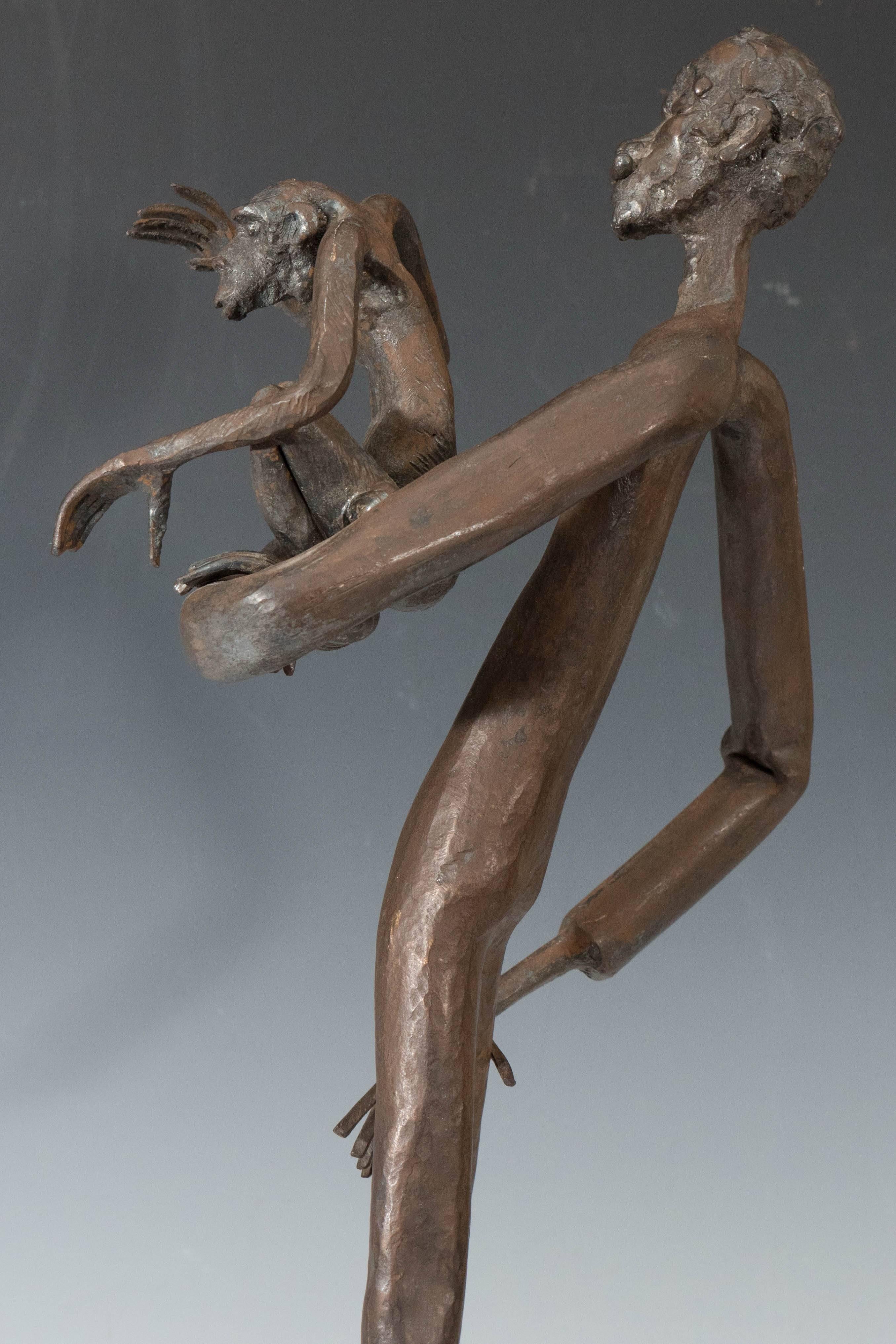 Jean Marc Expressionist Bronze Sculpture of a Man and Monkey on Base For Sale 3