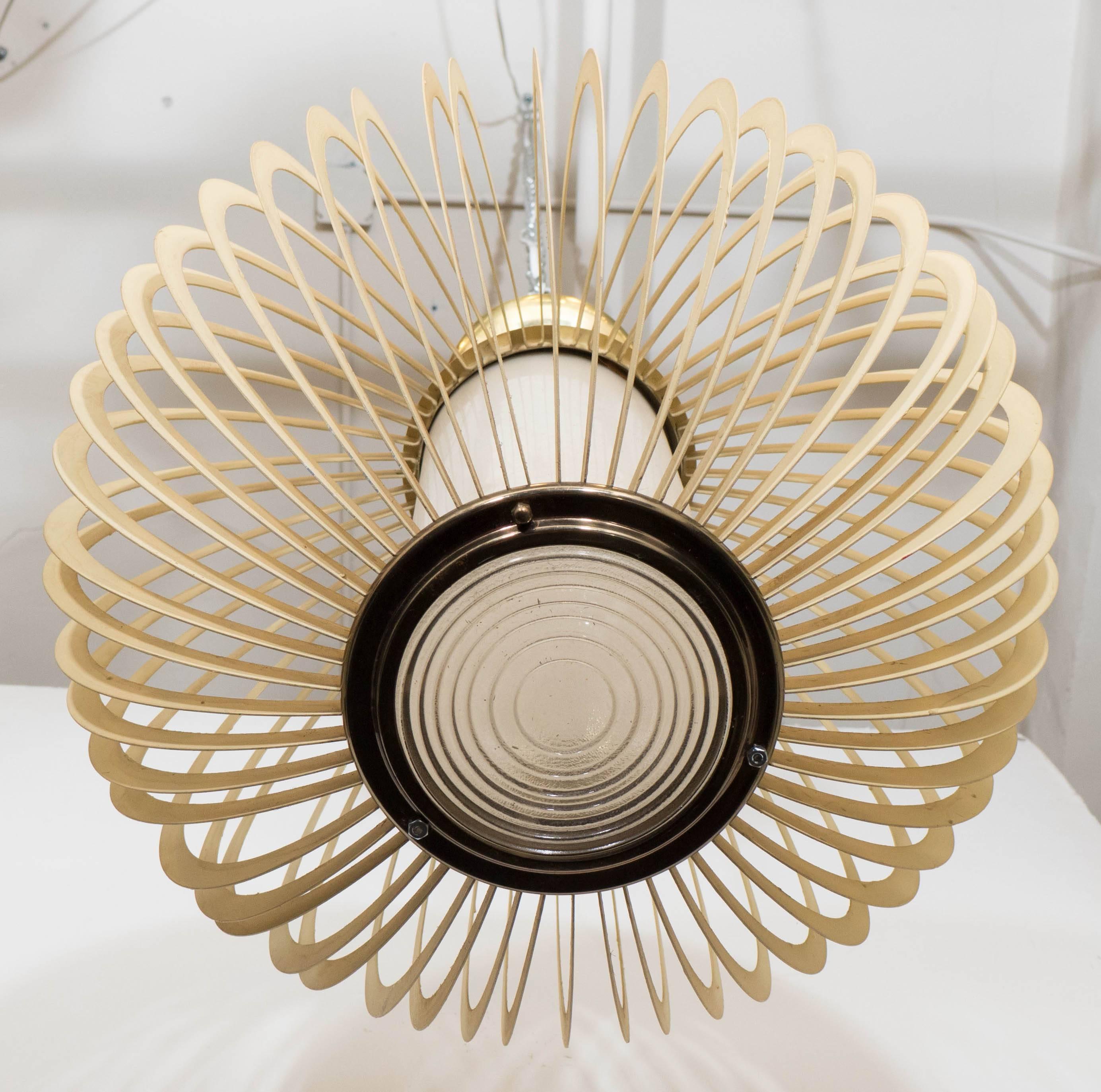 1970s Round Cage Pendant with Milk Glass Shade In Good Condition In New York, NY