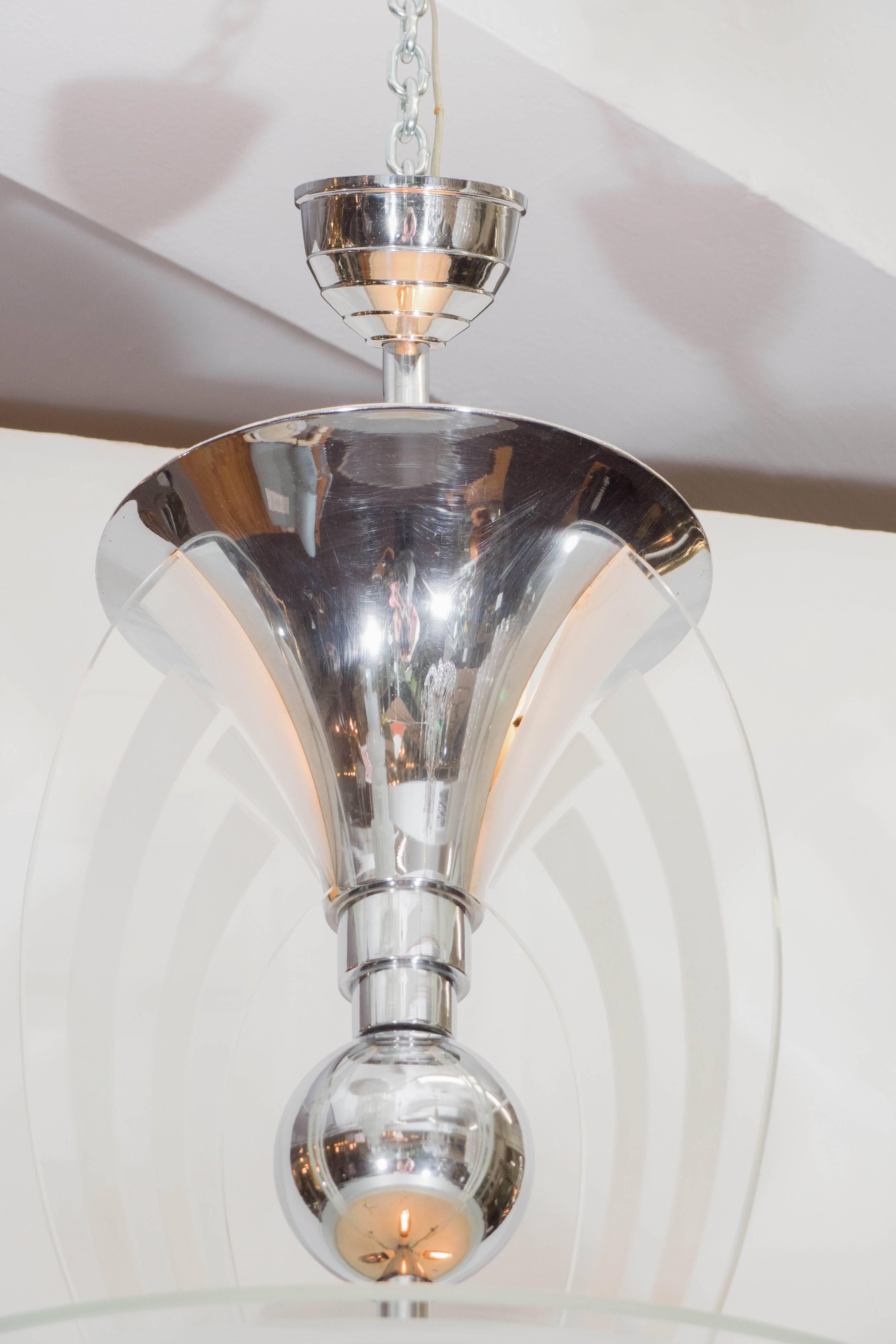 French Art Deco Chandelier in Chrome and Glass In Good Condition In New York, NY