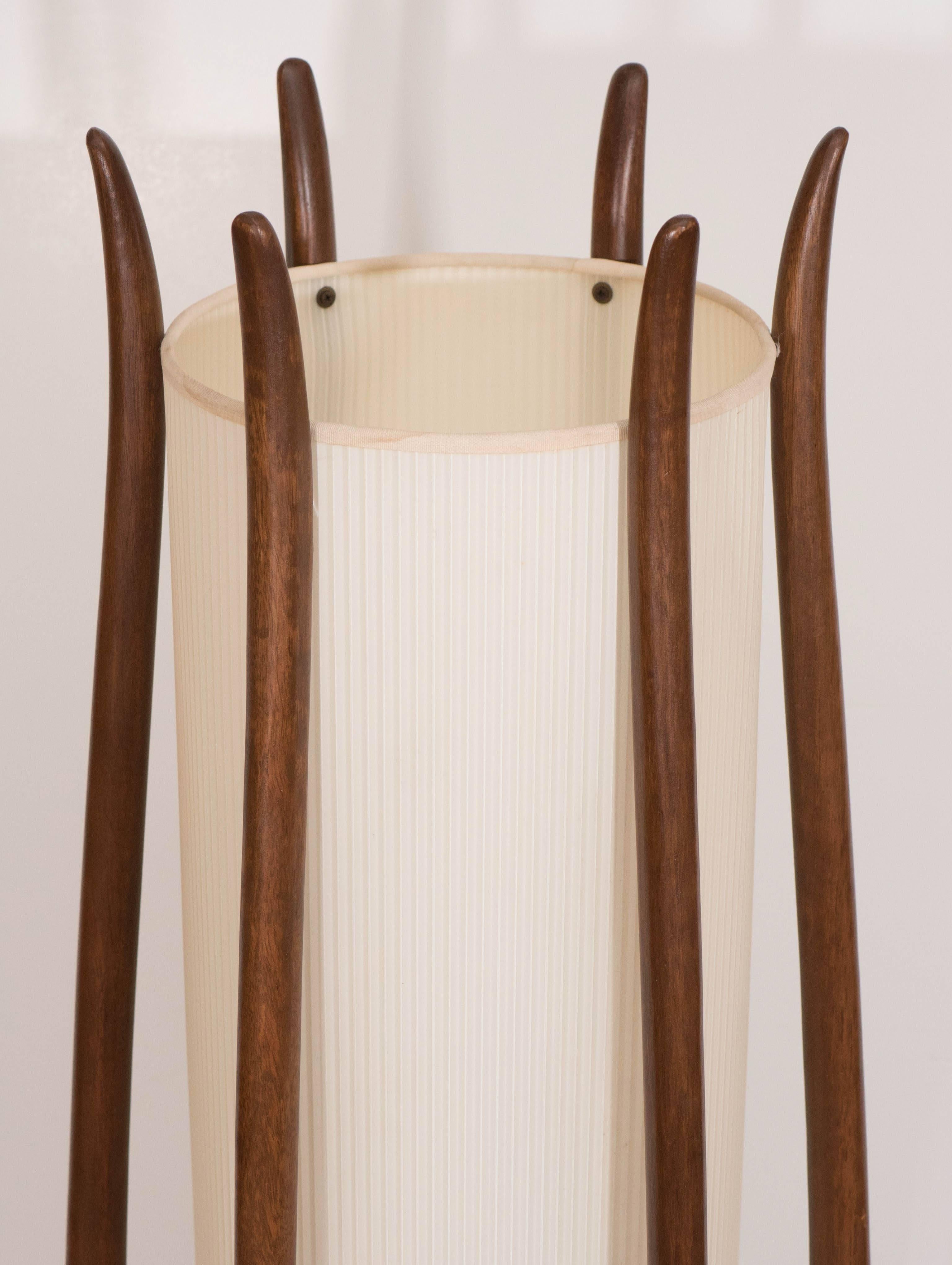 Modeline Sculptural Floor Lamp with Linen Shade and Curved Wood Frame In Good Condition In Astoria, NY