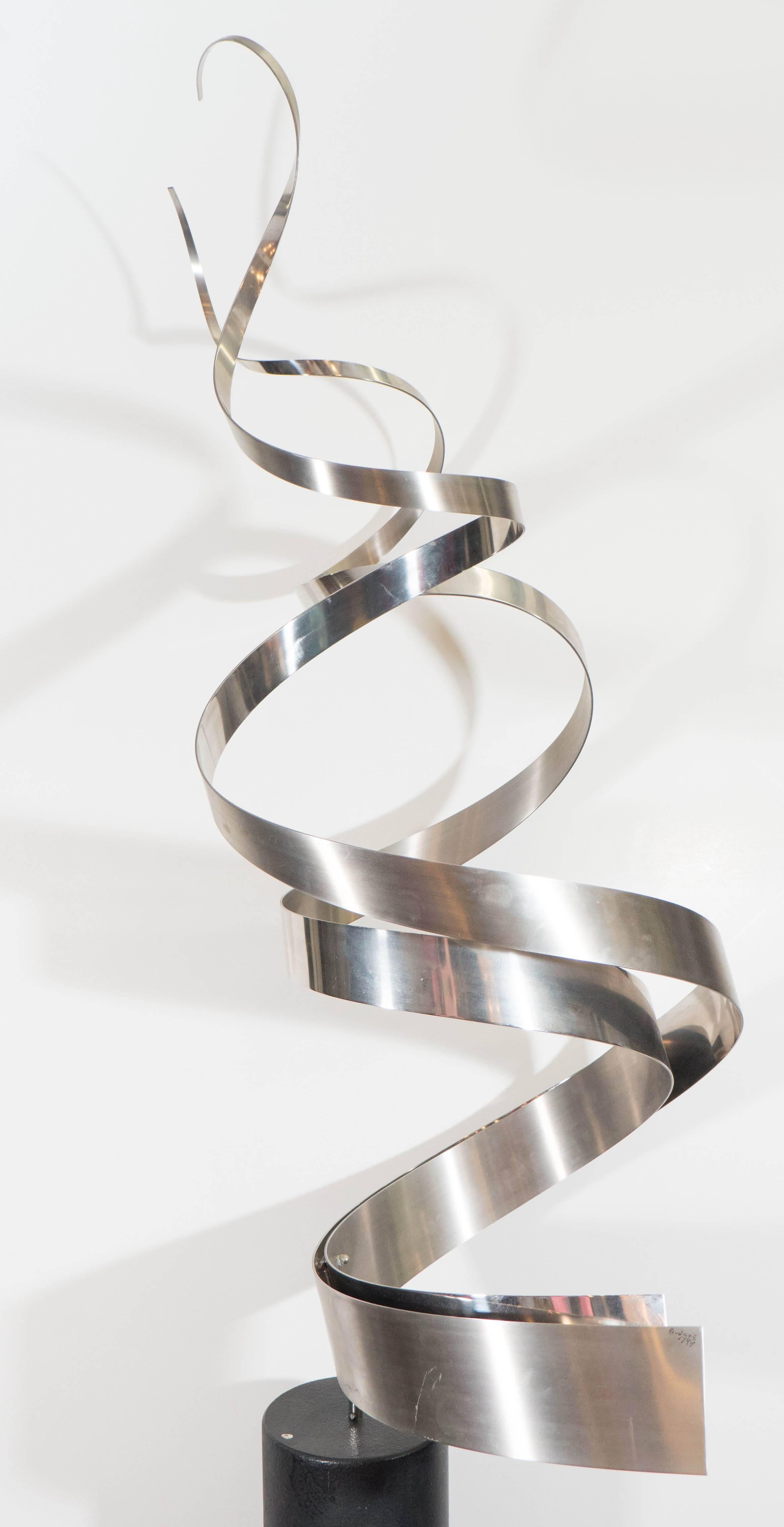 Large Curtis Jere Steel Ribbon Sculpture on Wrought Iron Base, Signed and Dated In Good Condition In New York, NY