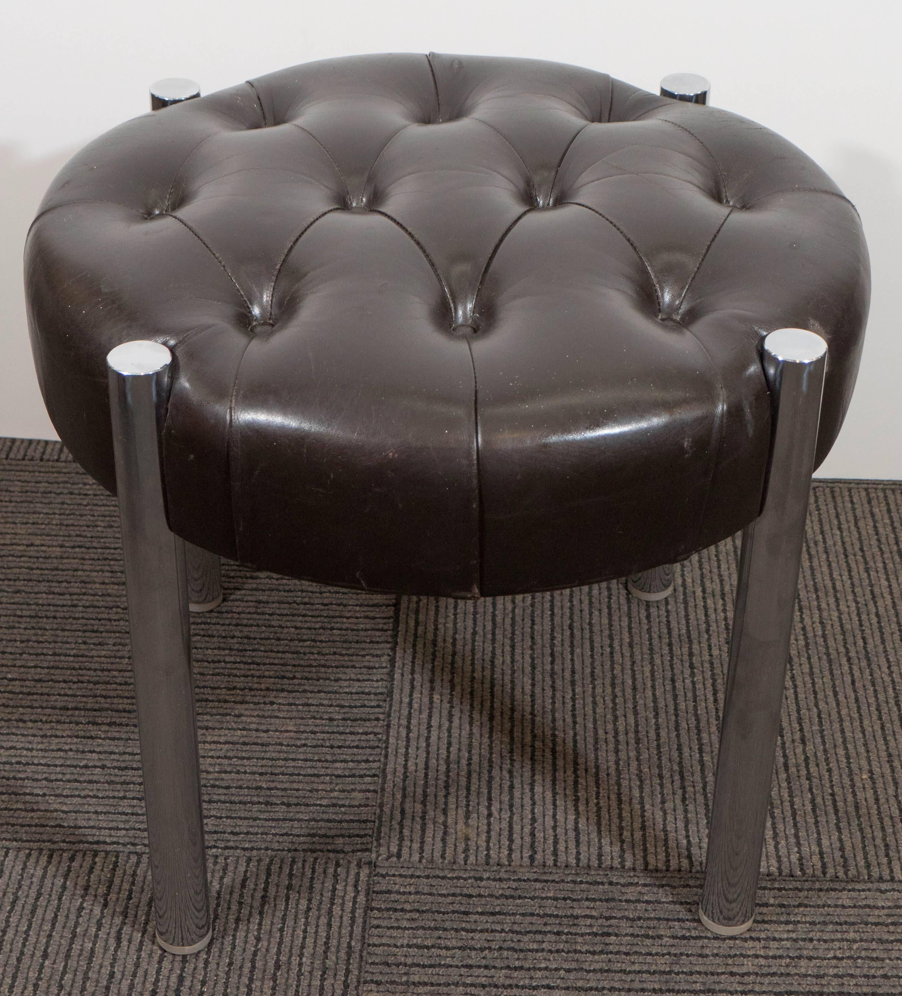 Midcentury Tufted Leather and Chrome Stool In Good Condition In New York, NY