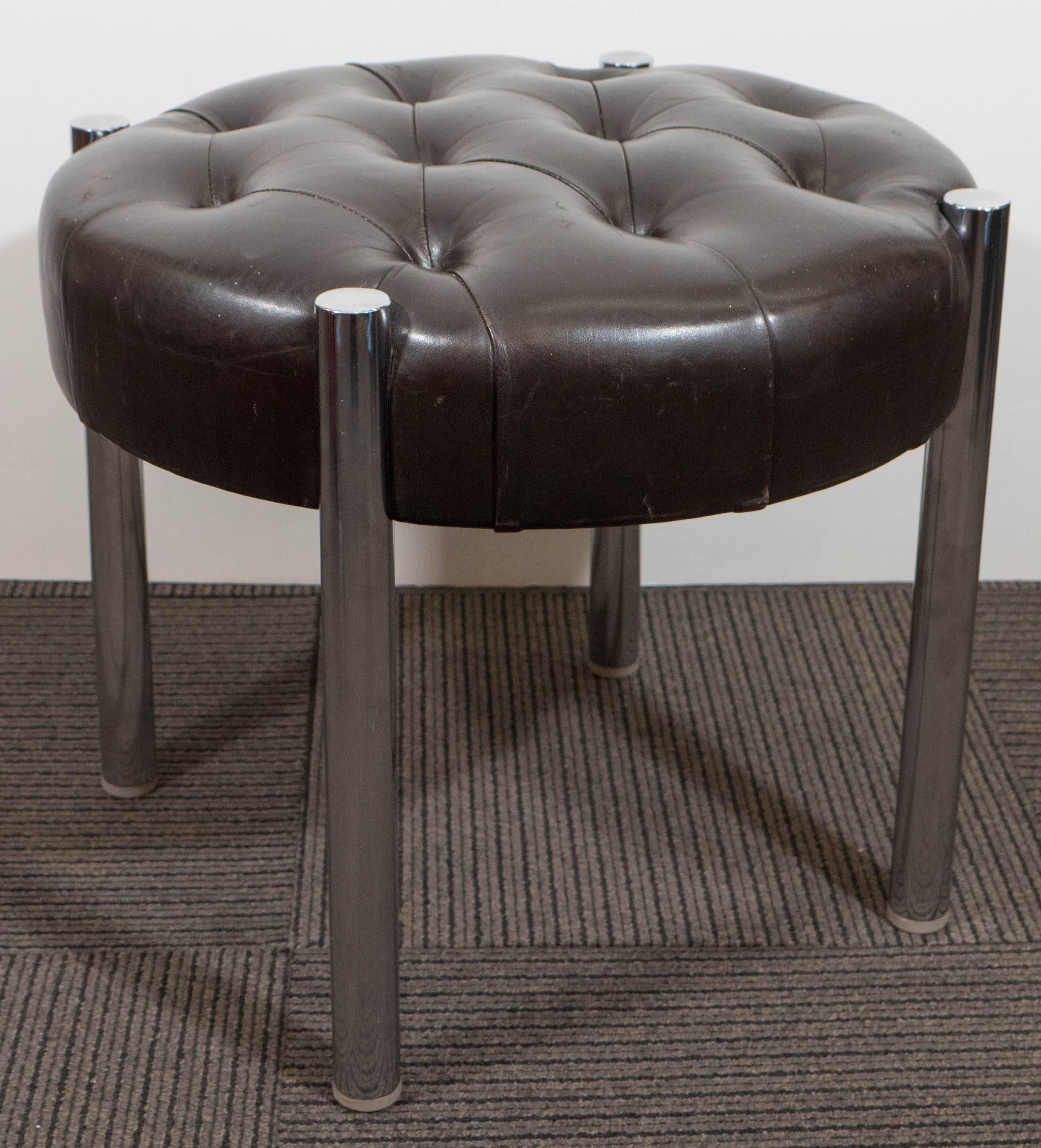 Midcentury Tufted Leather and Chrome Stool 1