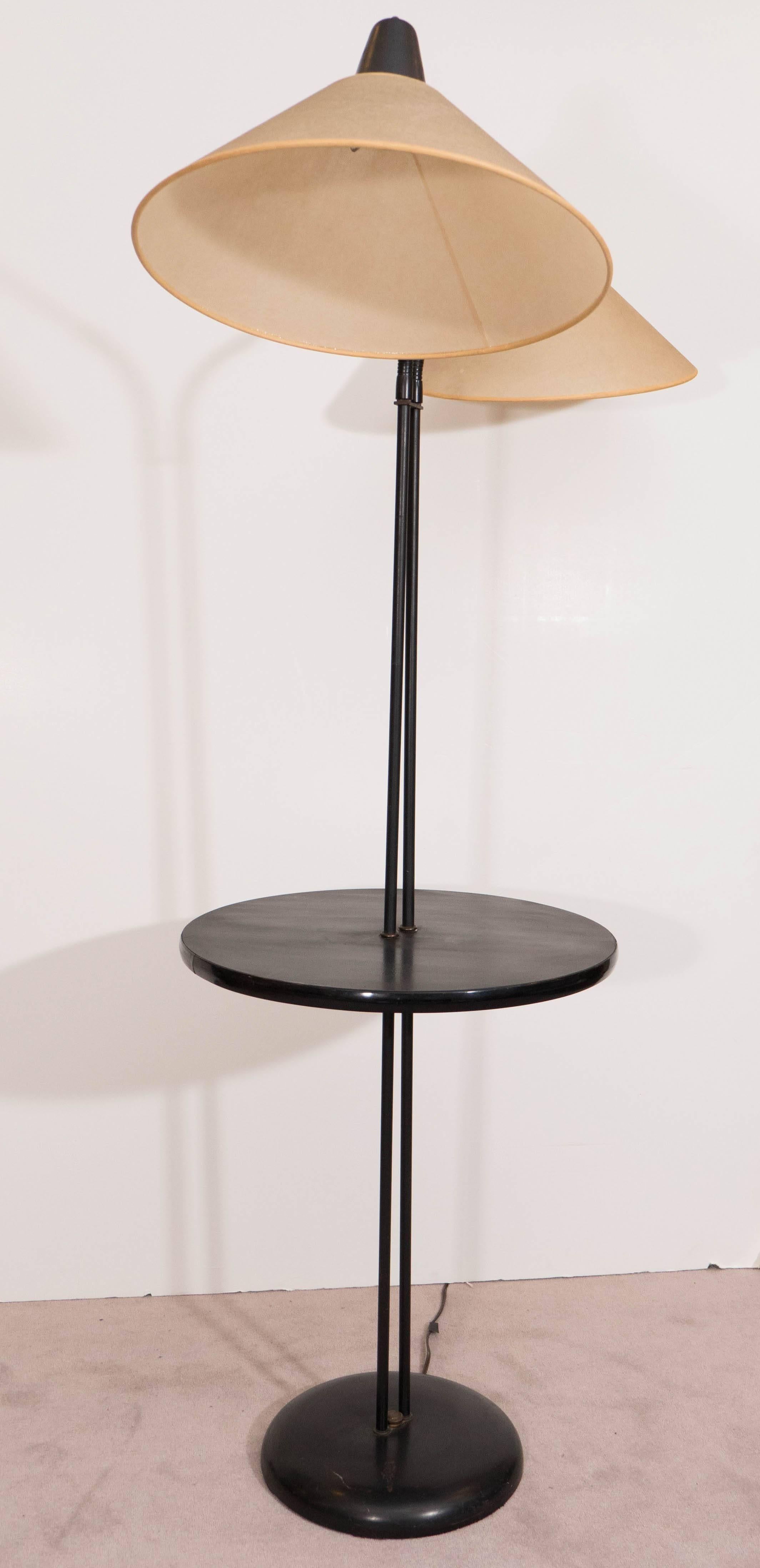 Enameled Midcentury Dual Light Gooseneck Floor Lamp with Table