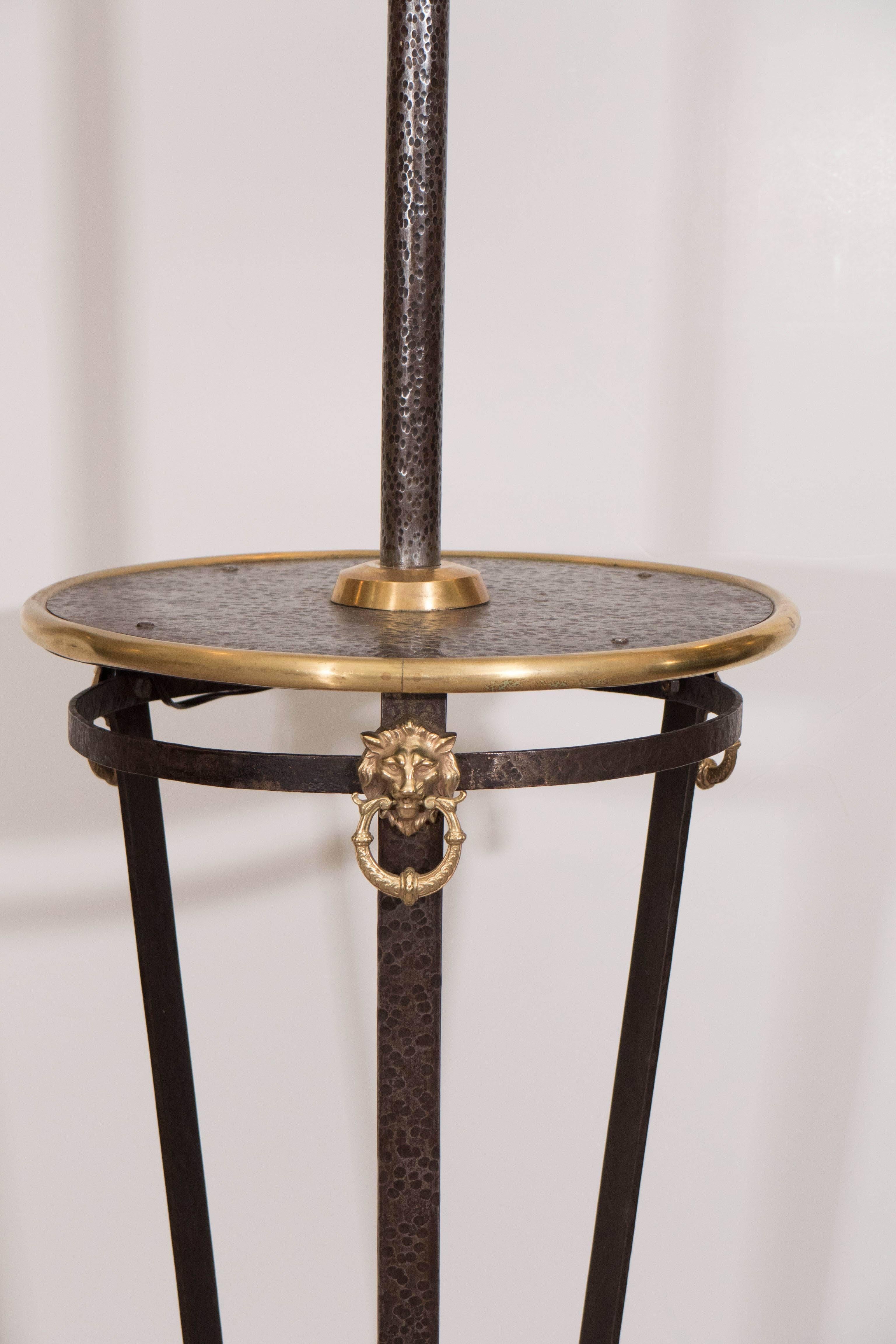 Arts and Crafts Art & Crafts Lamp Table in Hammered Iron with Brass Trim and Lion Heads Motif