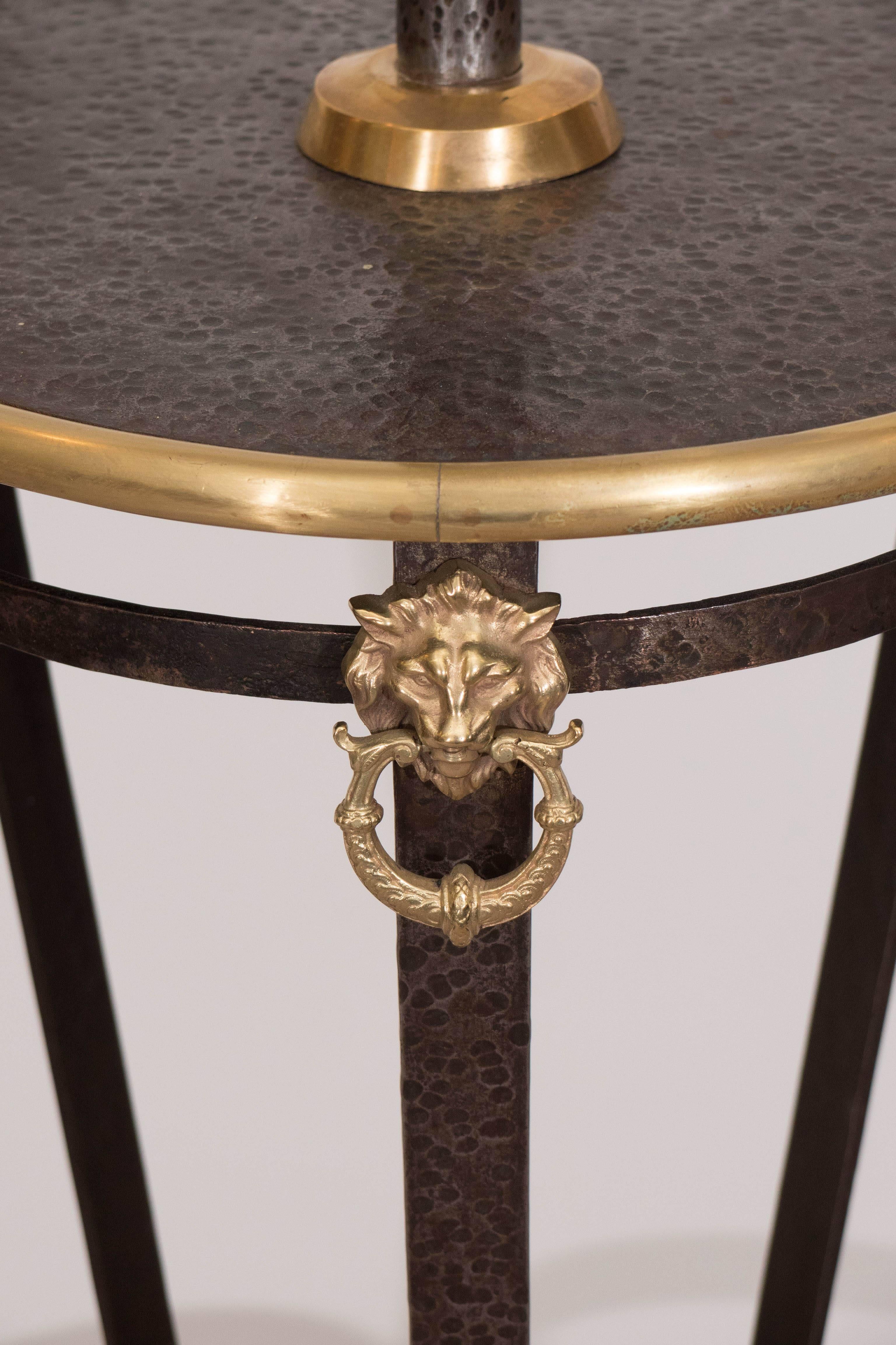 Art & Crafts Lamp Table in Hammered Iron with Brass Trim and Lion Heads Motif 3