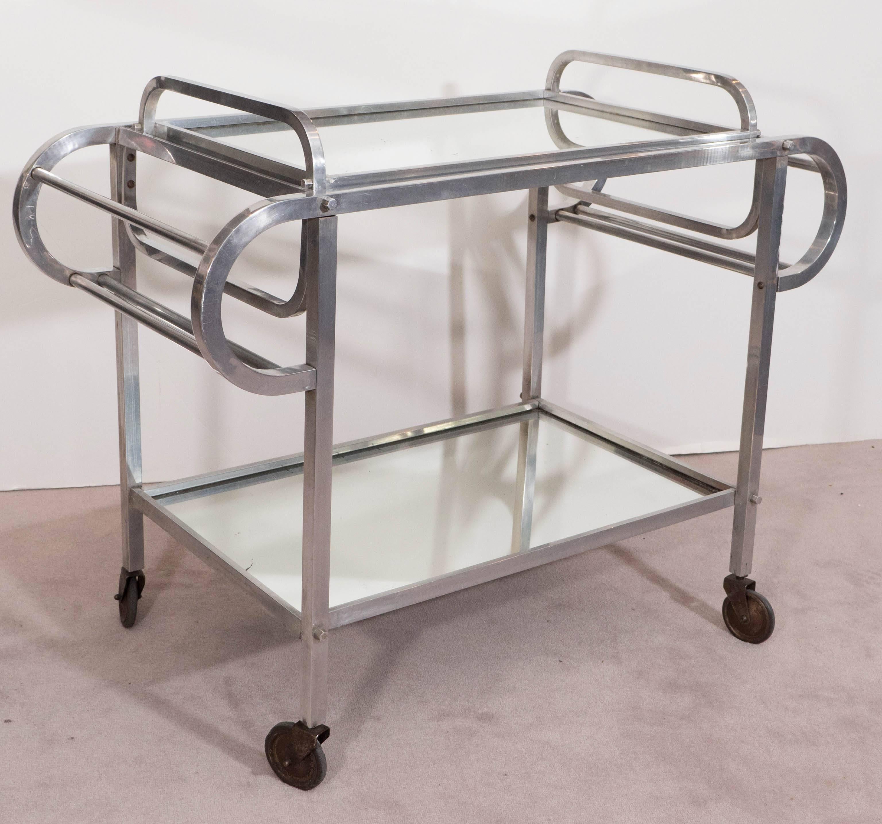 French 1930s Rolling Bar Cart & Tray in Aluminum with Mirrored Tops In Good Condition In New York, NY