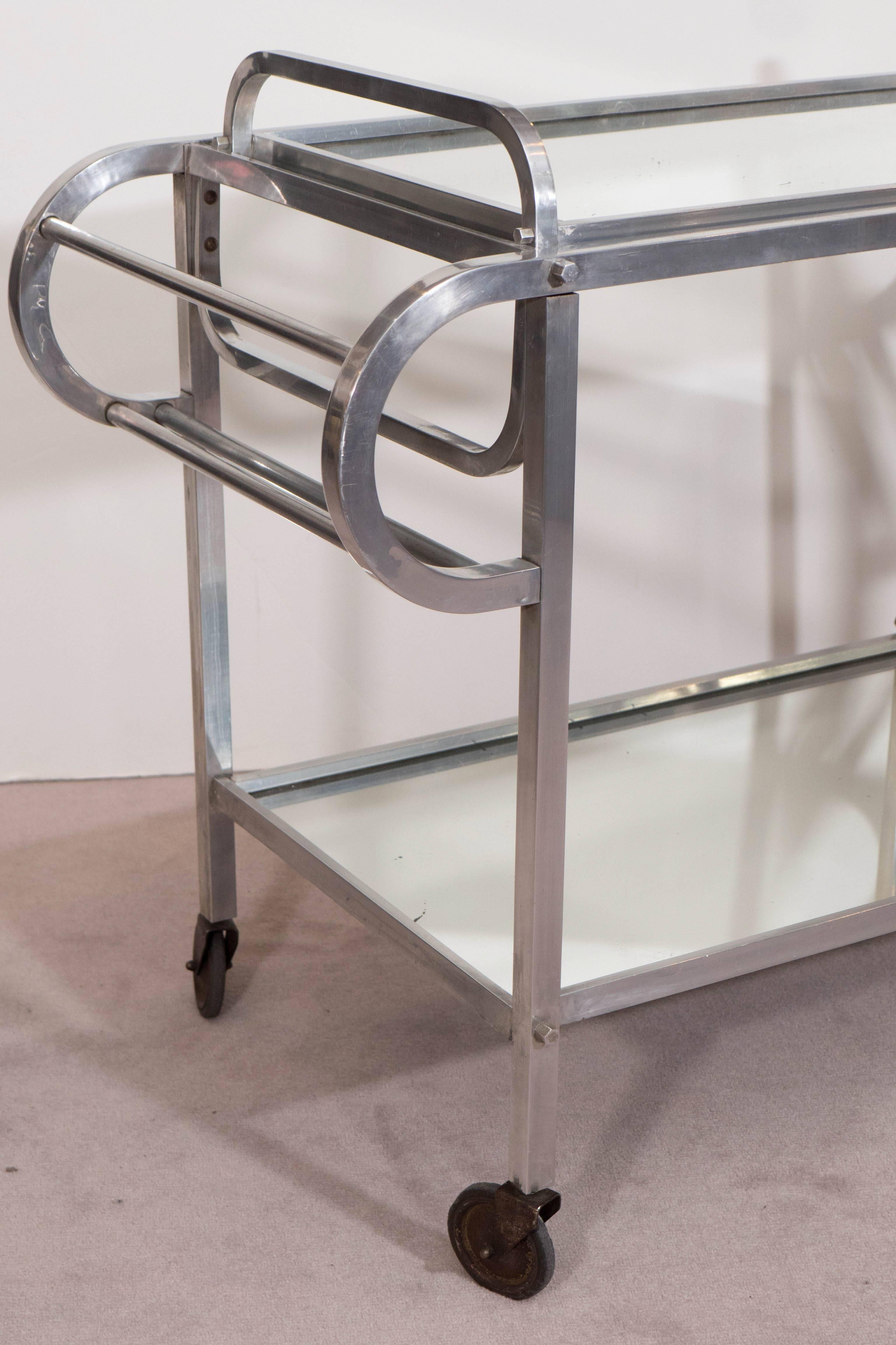 20th Century French 1930s Rolling Bar Cart & Tray in Aluminum with Mirrored Tops