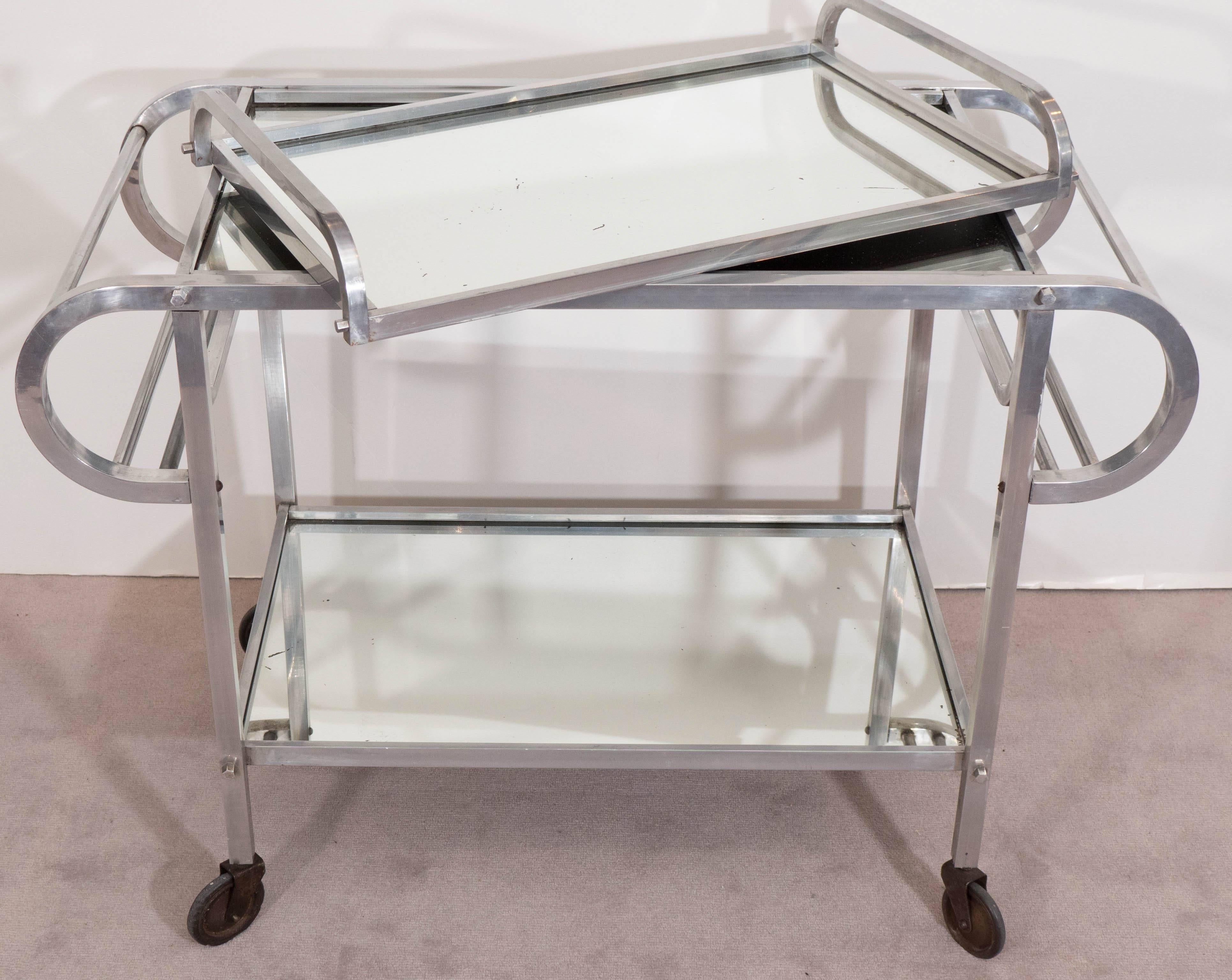French 1930s Rolling Bar Cart & Tray in Aluminum with Mirrored Tops 1