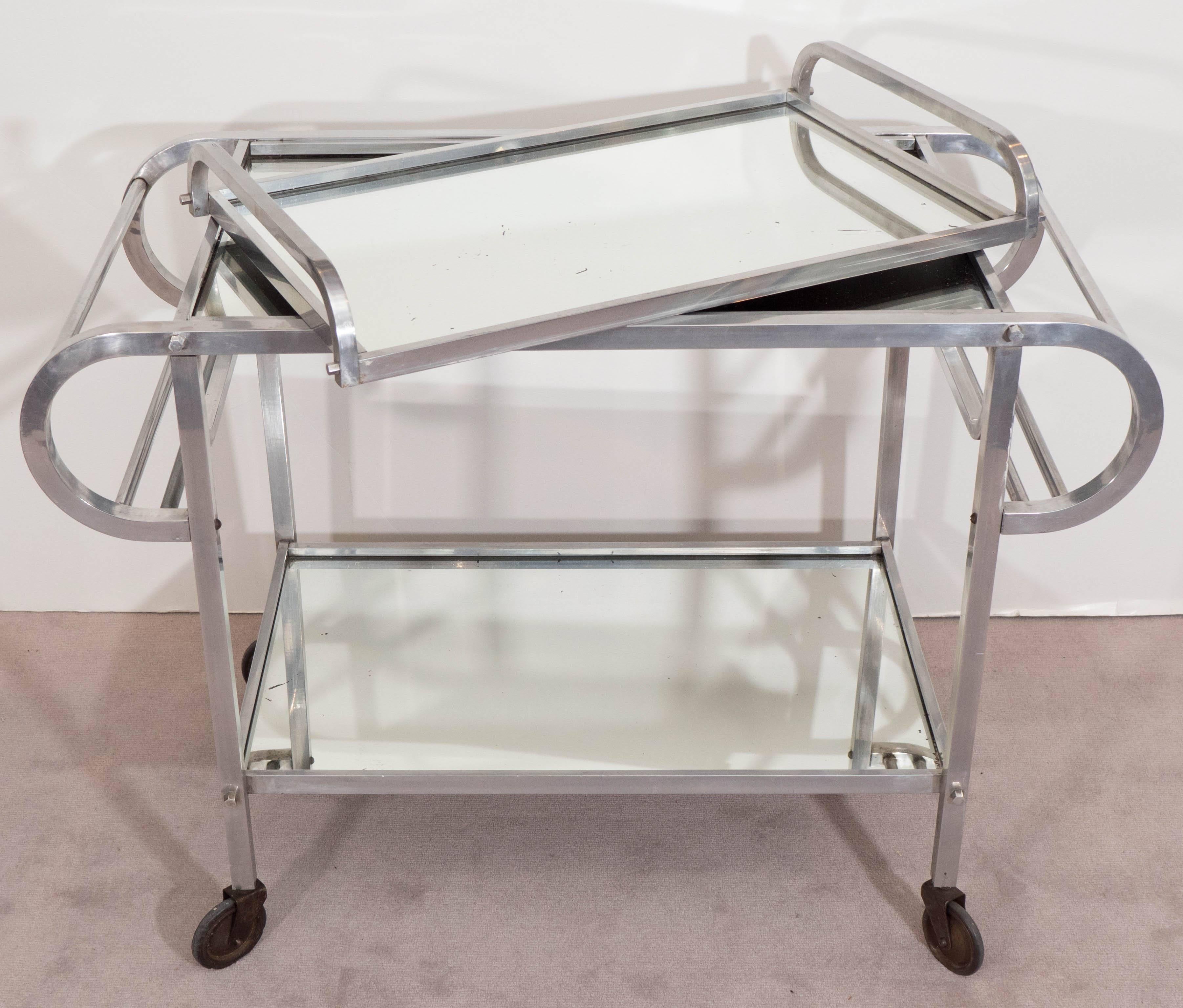 French 1930s Rolling Bar Cart & Tray in Aluminum with Mirrored Tops 2