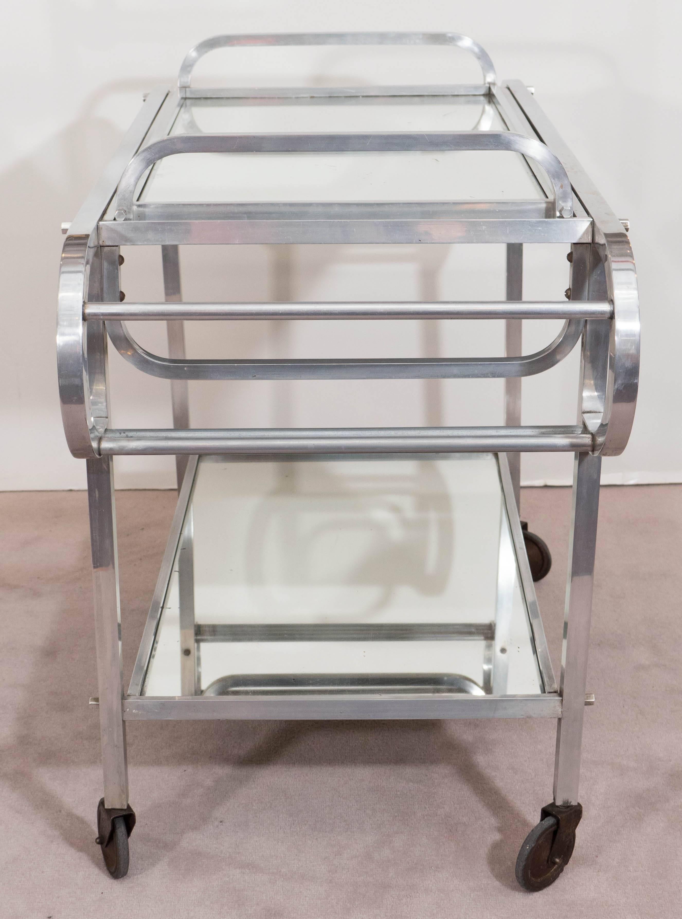 French 1930s Rolling Bar Cart & Tray in Aluminum with Mirrored Tops 4