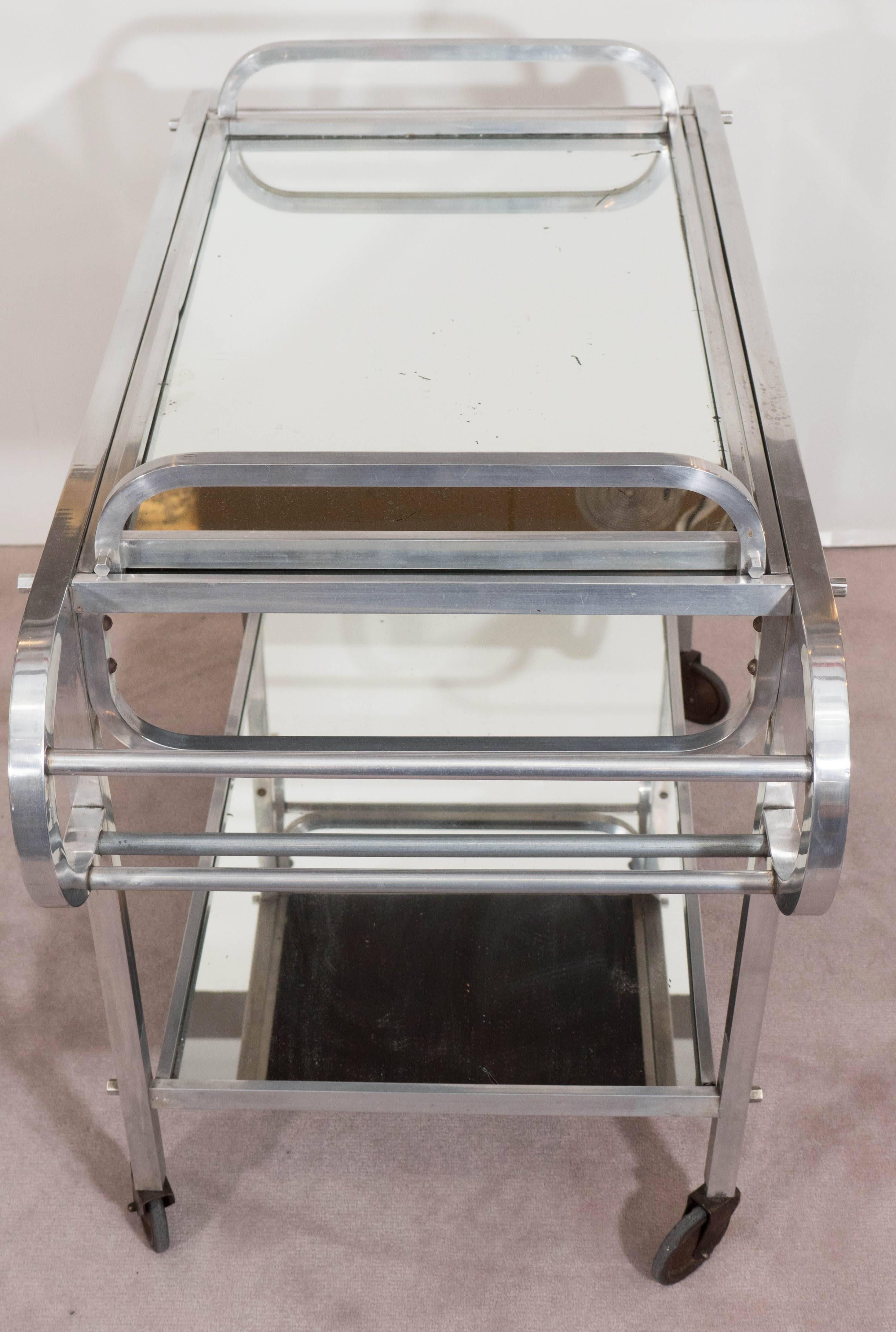 French 1930s Rolling Bar Cart & Tray in Aluminum with Mirrored Tops 5