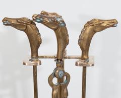 Set of 1950s Brass Fireplace Tools with Horse Head Motif