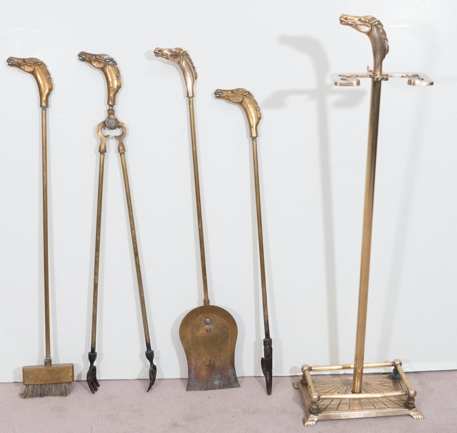 Set of 1950s Brass Fireplace Tools with Horse Head Motif For Sale at