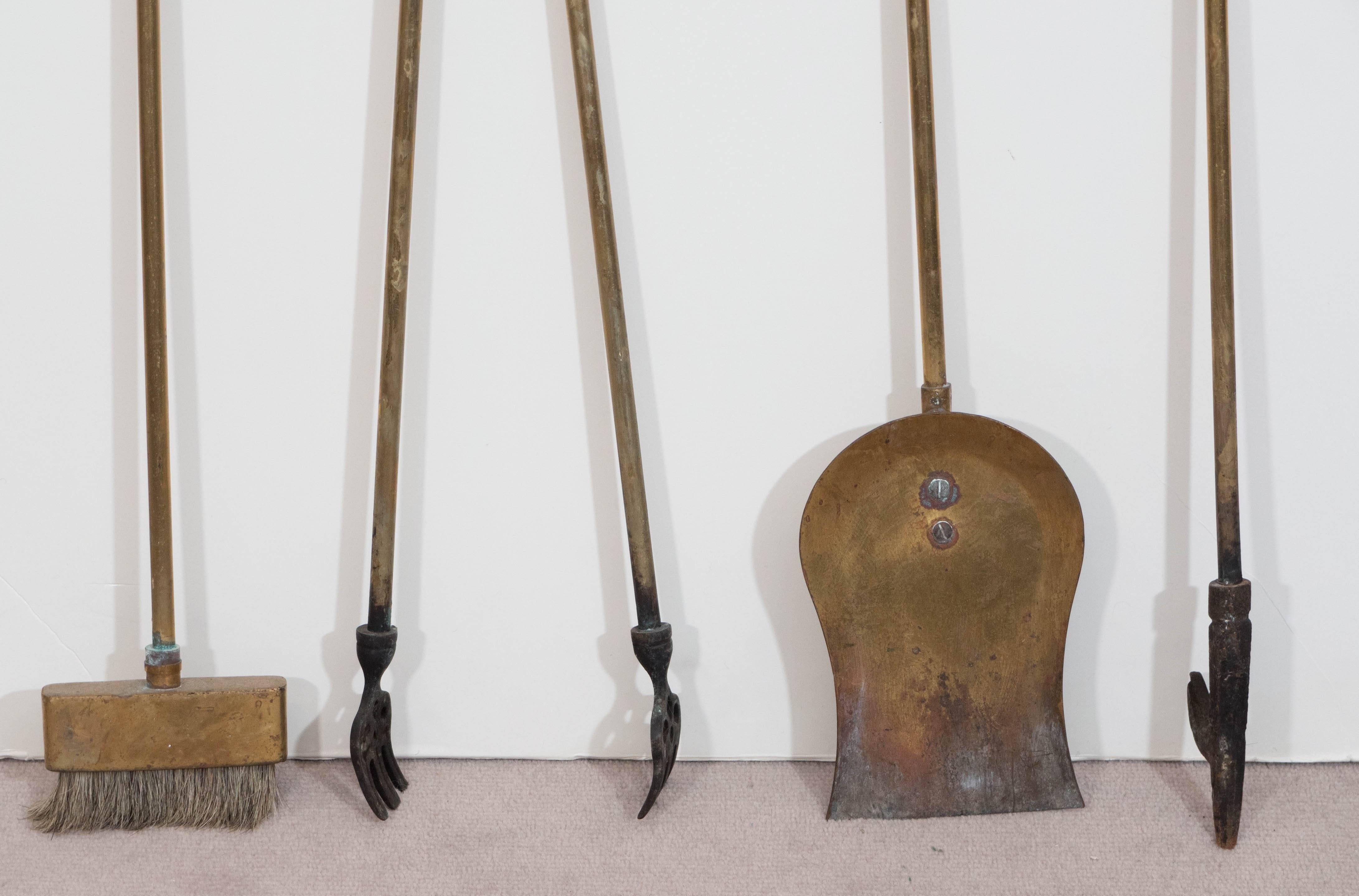 20th Century Set of 1950s Brass Fireplace Tools with Horse Head Motif