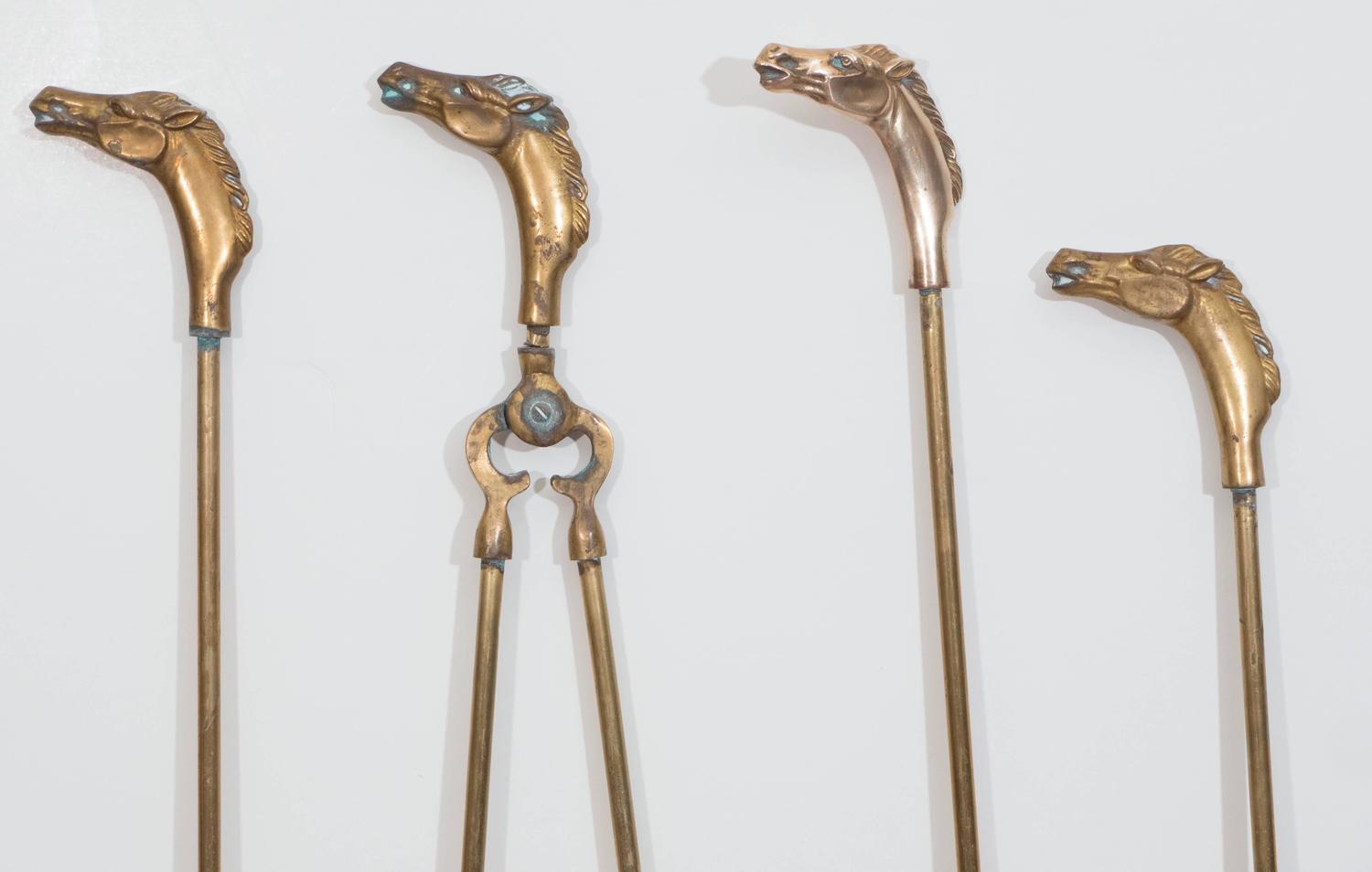 Set of 1950s Brass Fireplace Tools with Horse Head Motif For Sale at