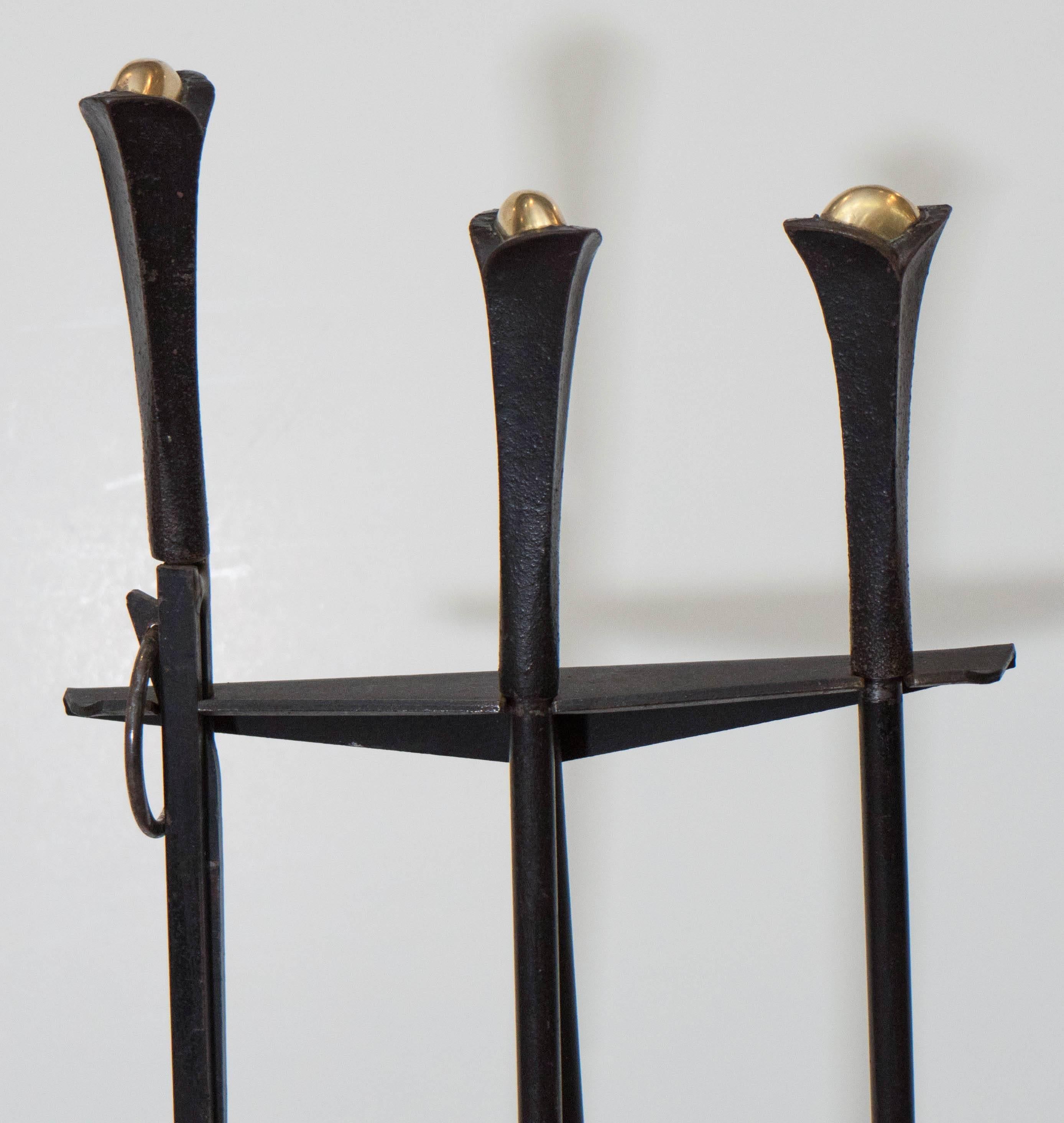 Mid-Century Modern Set of Donald Deskey Wrought Iron Fireplace Tools on Stand for Bennett Co.