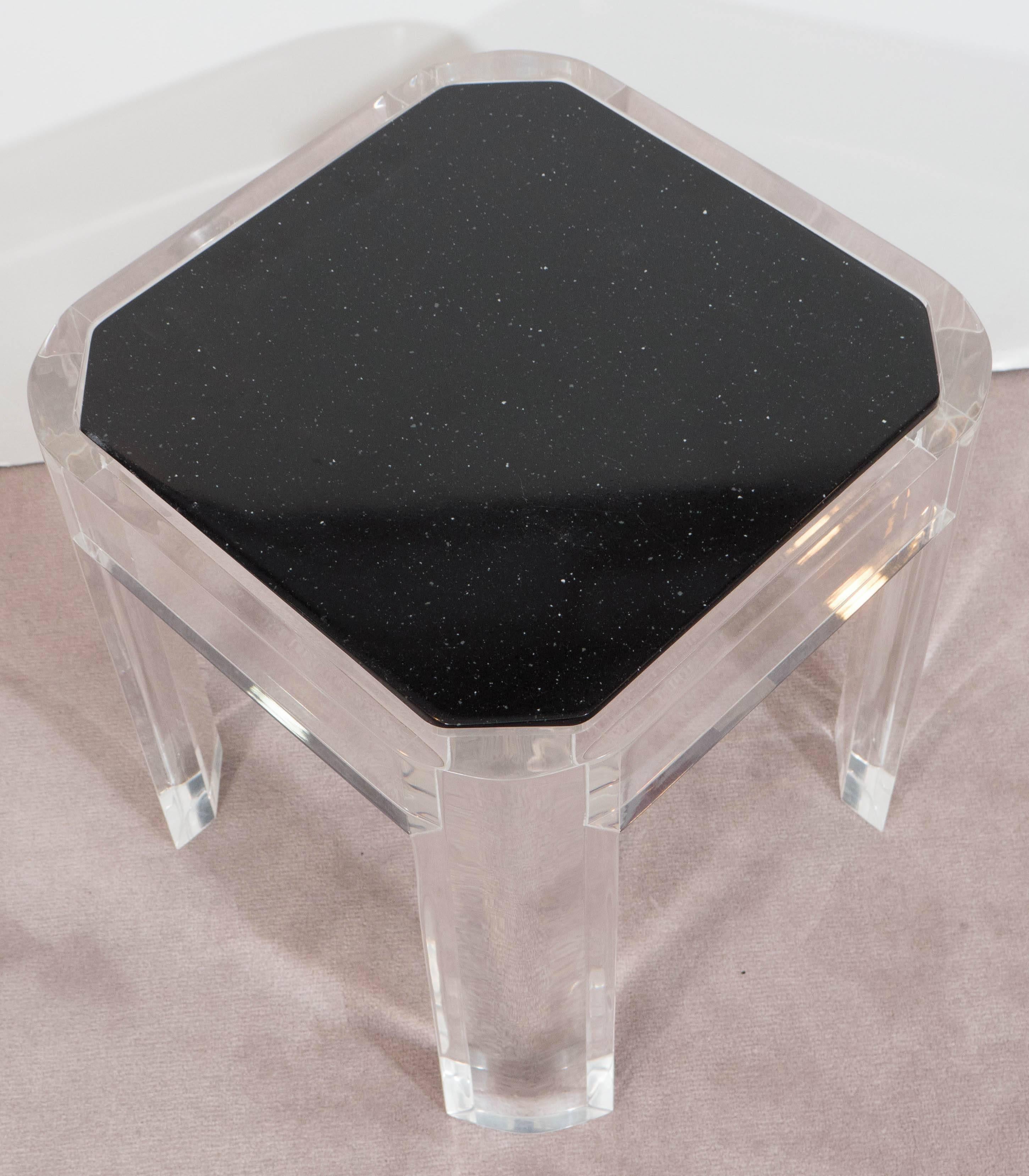 Karl Springer Style Lucite Side Table with Black Faux Granite Top In Good Condition In New York, NY