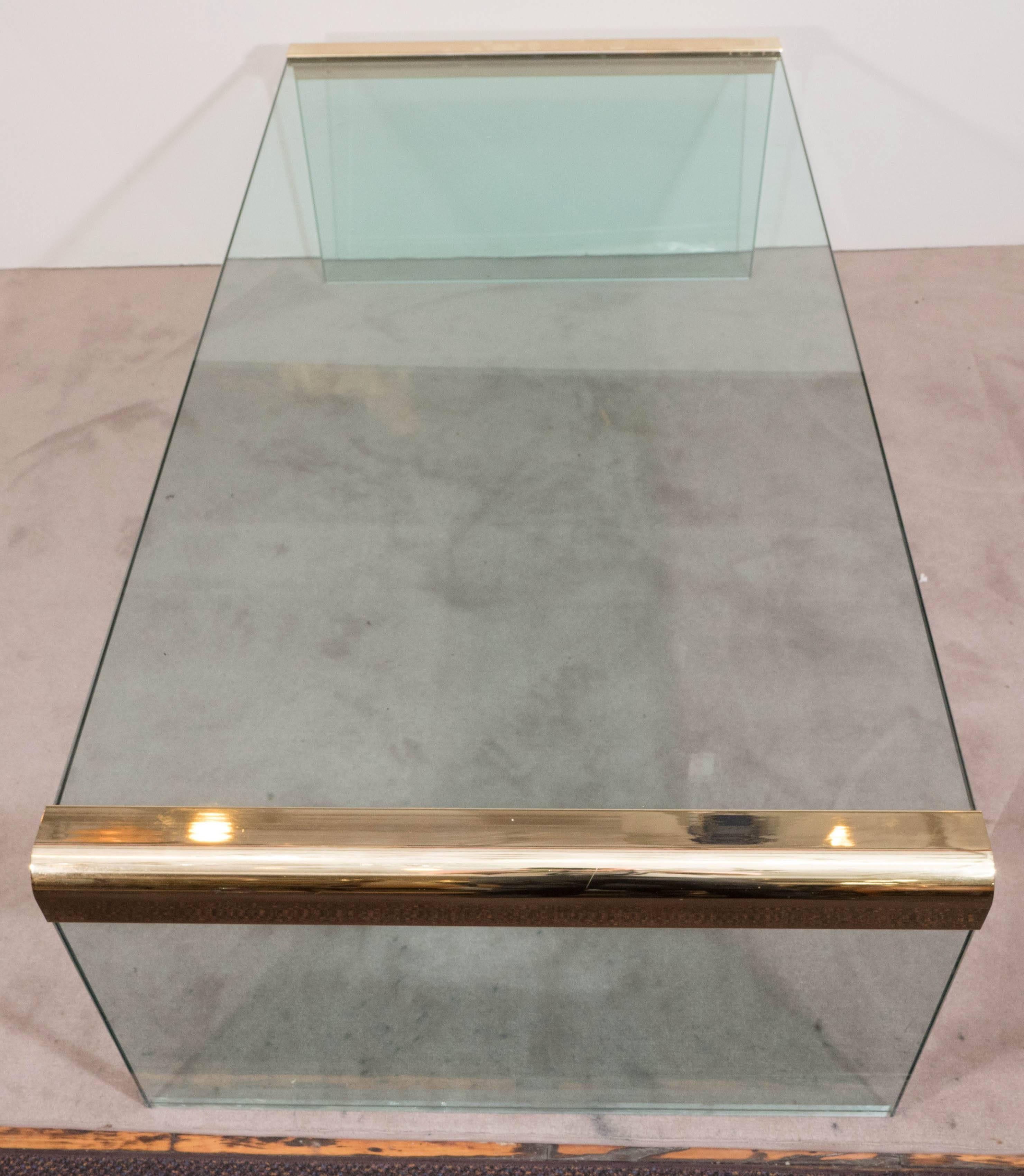 Modern Pace Collection Glass Waterfall Coffee Table with Brass Trim