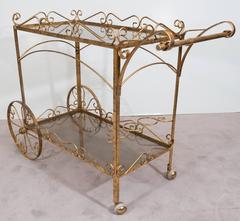Midcentury Gilt Metal Scroll Bar Cart with Smoked Glass Shelves
