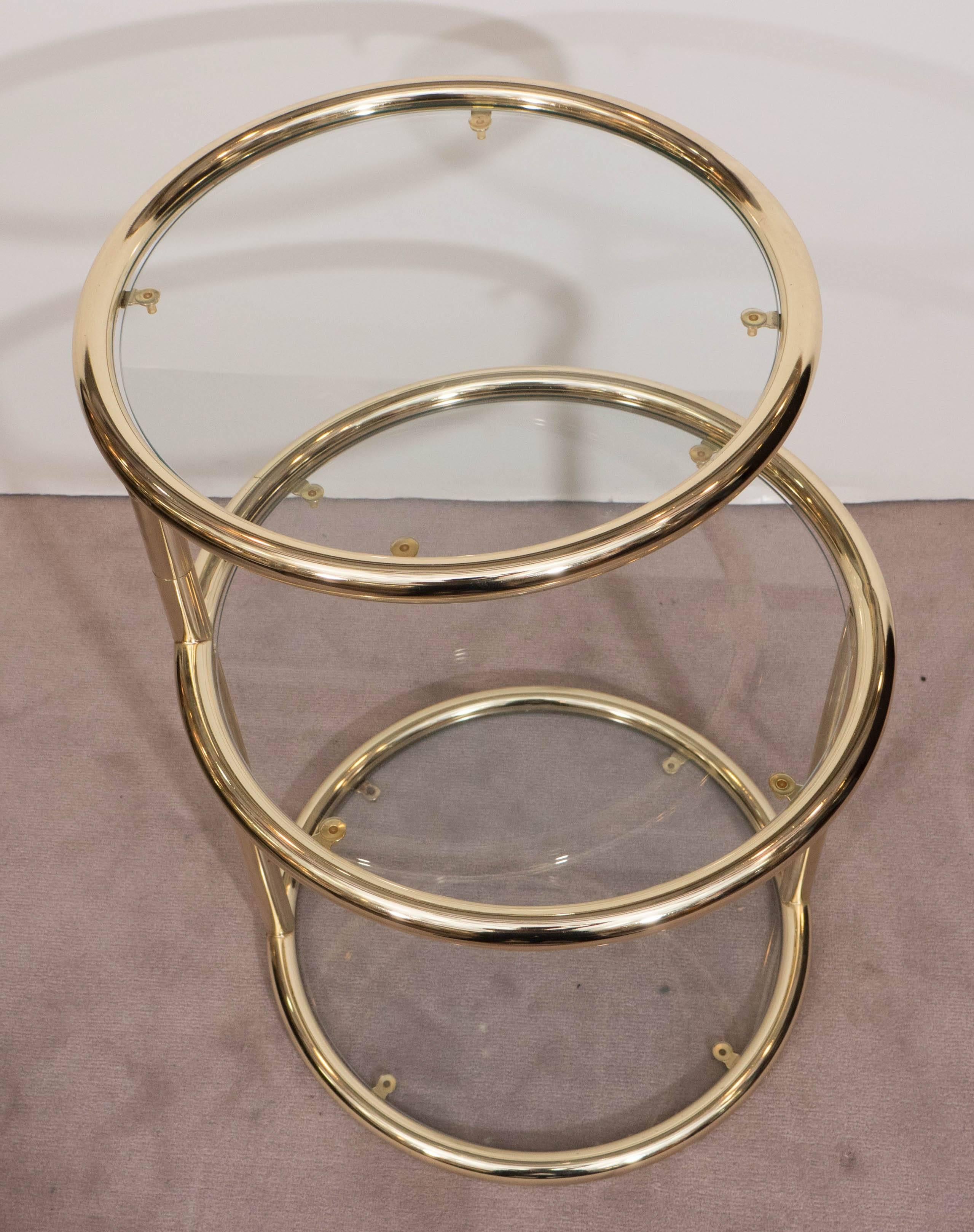 Modern Round Three-Tier Brass Swivel Table in the Style of Milo Baughman