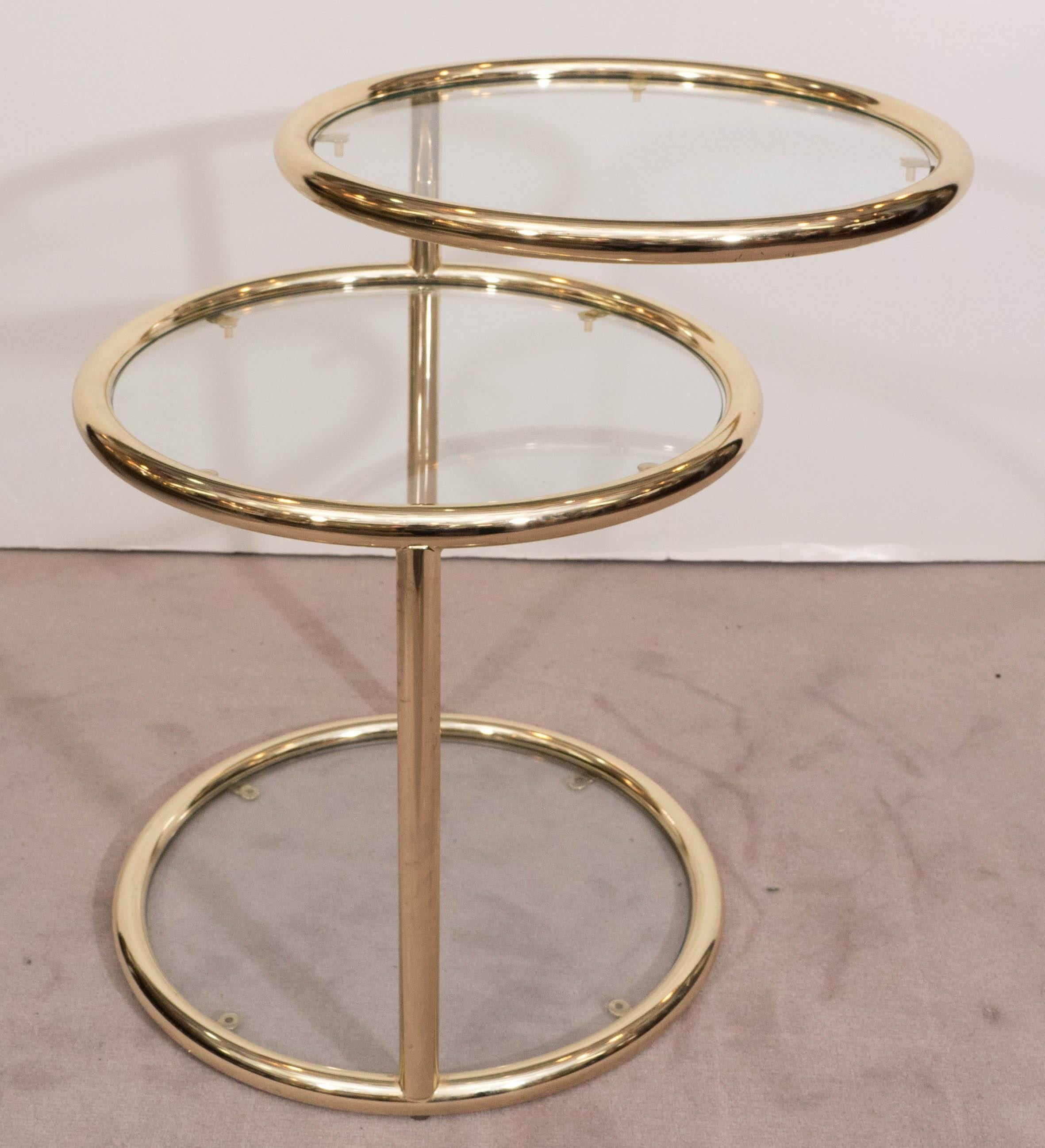 Polished Round Three-Tier Brass Swivel Table in the Style of Milo Baughman