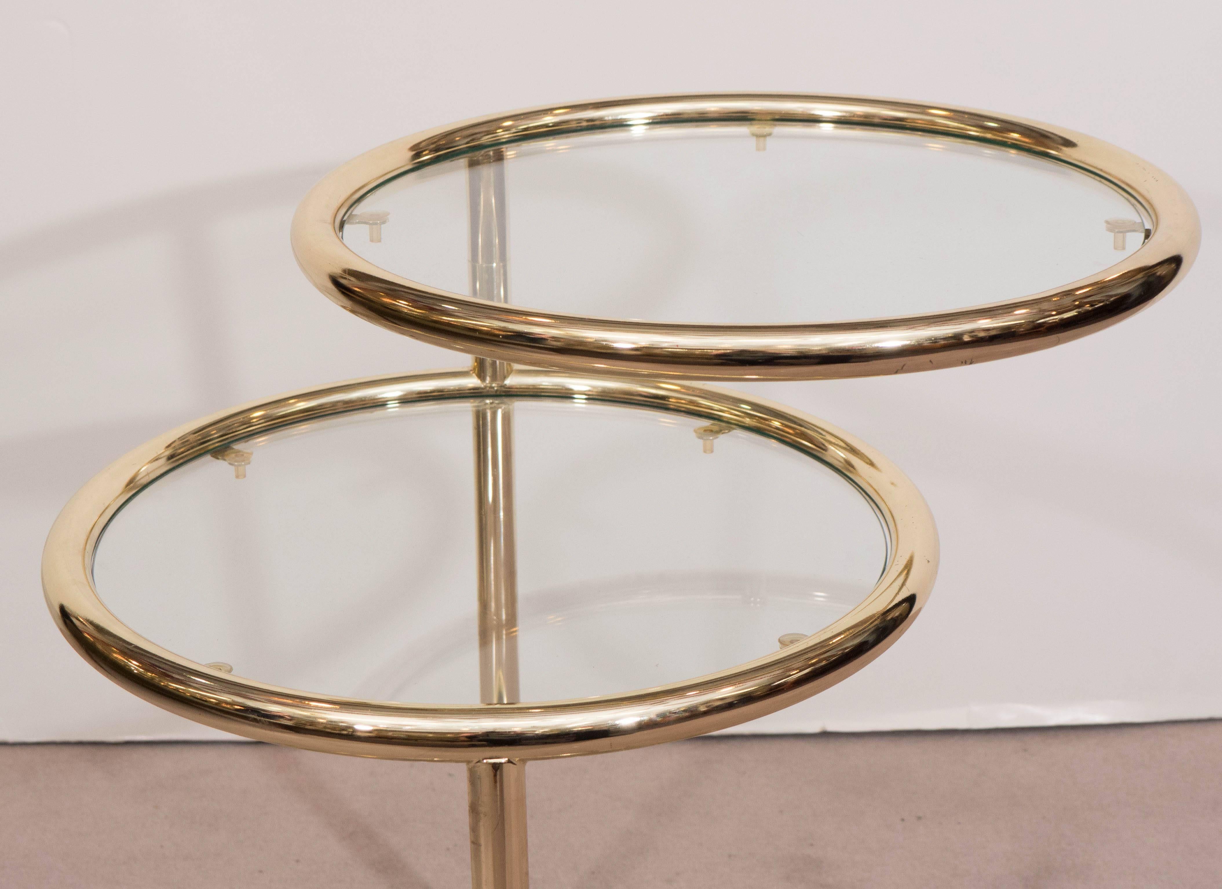 Round Three-Tier Brass Swivel Table in the Style of Milo Baughman In Good Condition In New York, NY