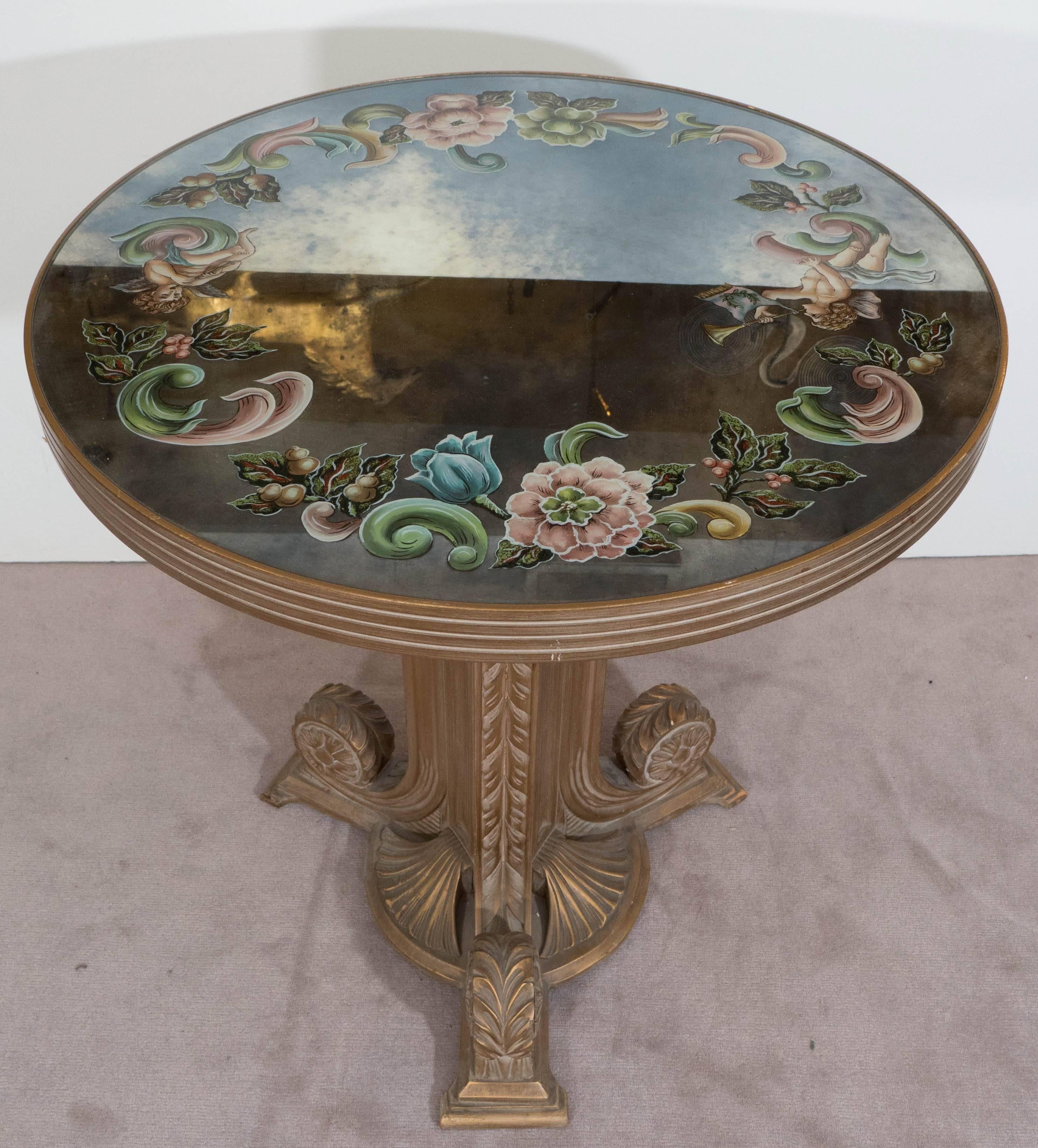 Gilt Pair of Grosfeld House Gueridon Tables with Reverse Painted Mirrored Tops