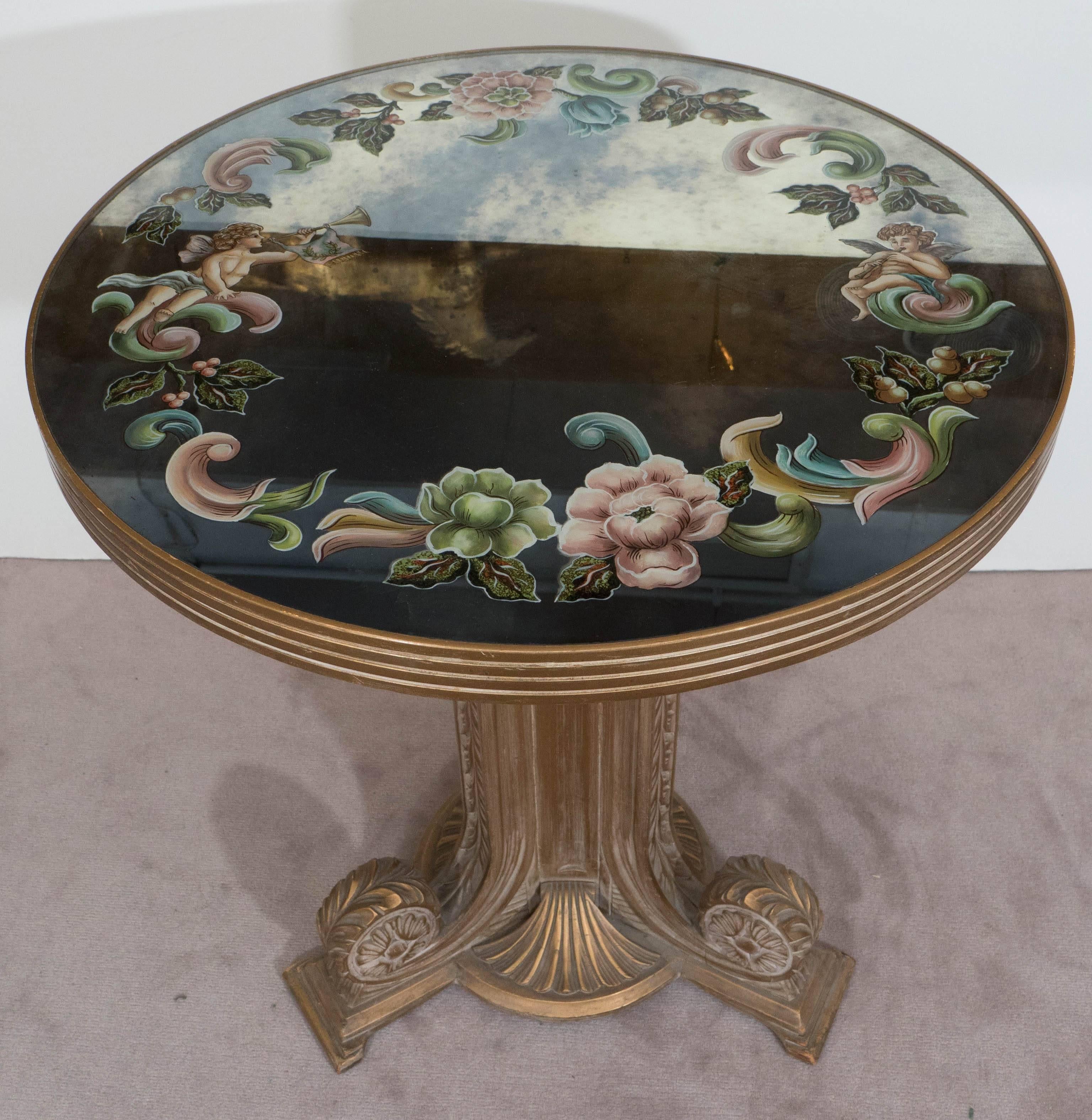 Wood Pair of Grosfeld House Gueridon Tables with Reverse Painted Mirrored Tops