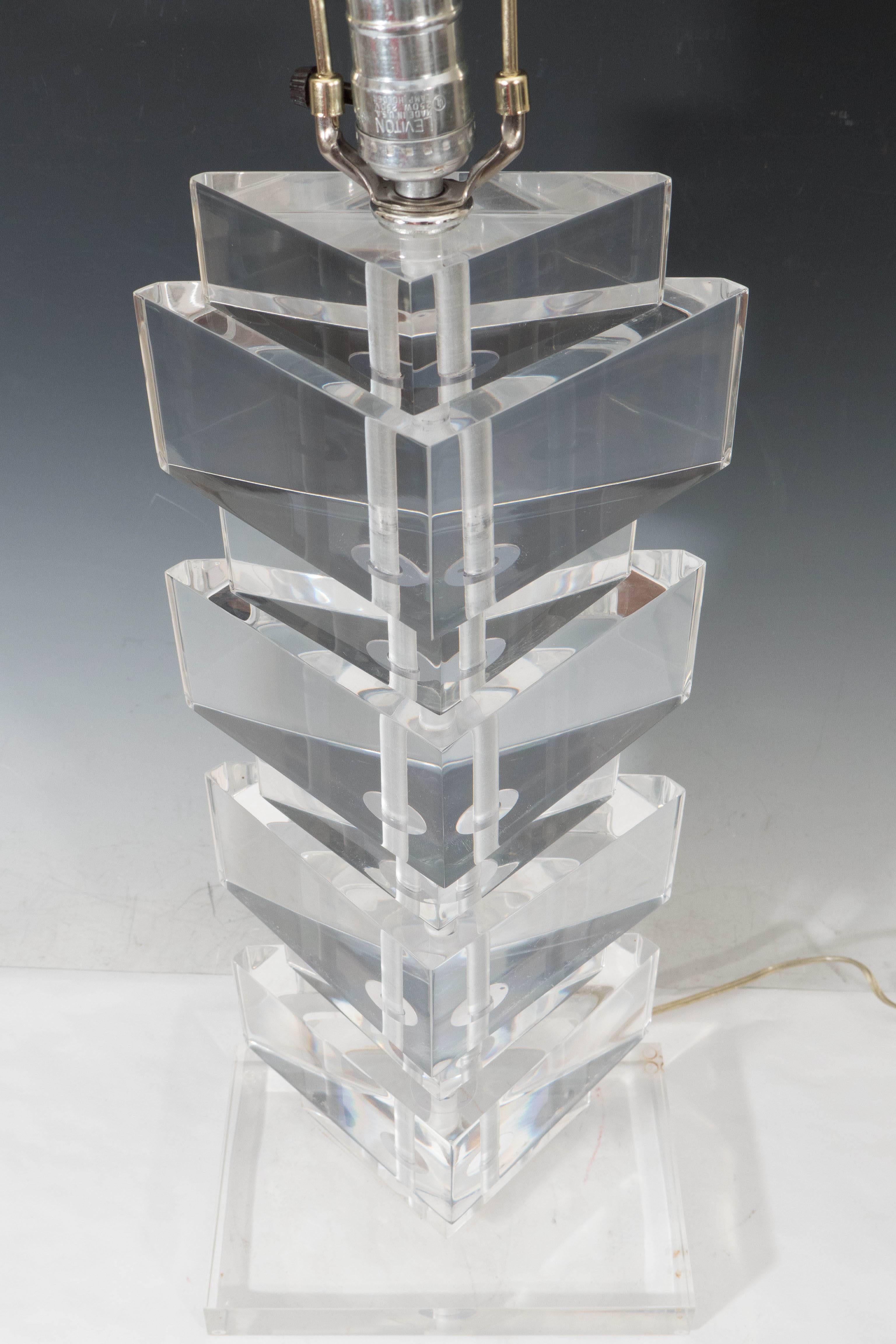 Pair of Stacked Triangular Lucite Table Lamps For Sale 5
