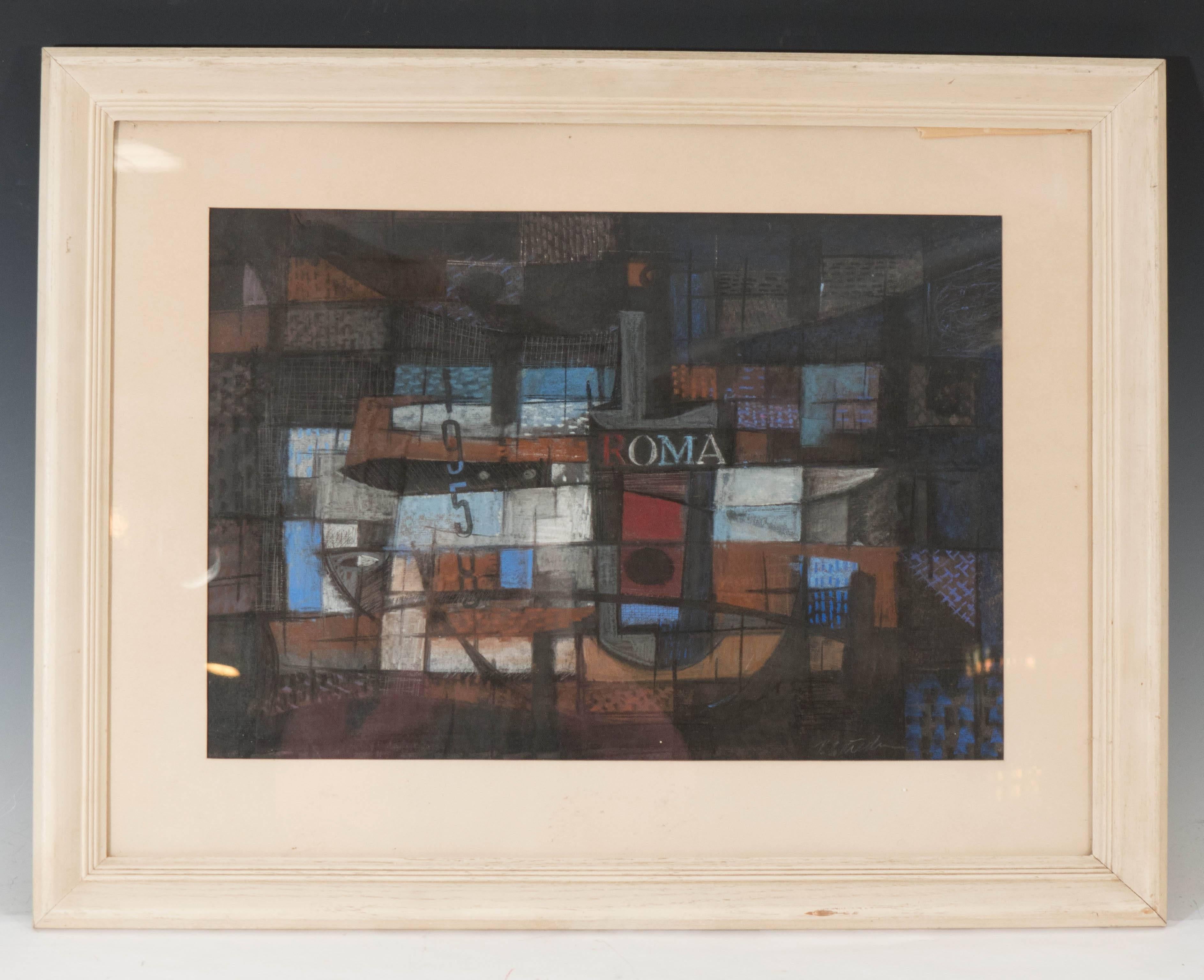 This modernistic pastel on paper depicts a cubist rendering of a wine bottle on a table, including fragmented text '1958' and 'ROMA.' Markings include artist's (indiscernible) signature, to the lower right corner. Overall good condition, with wear