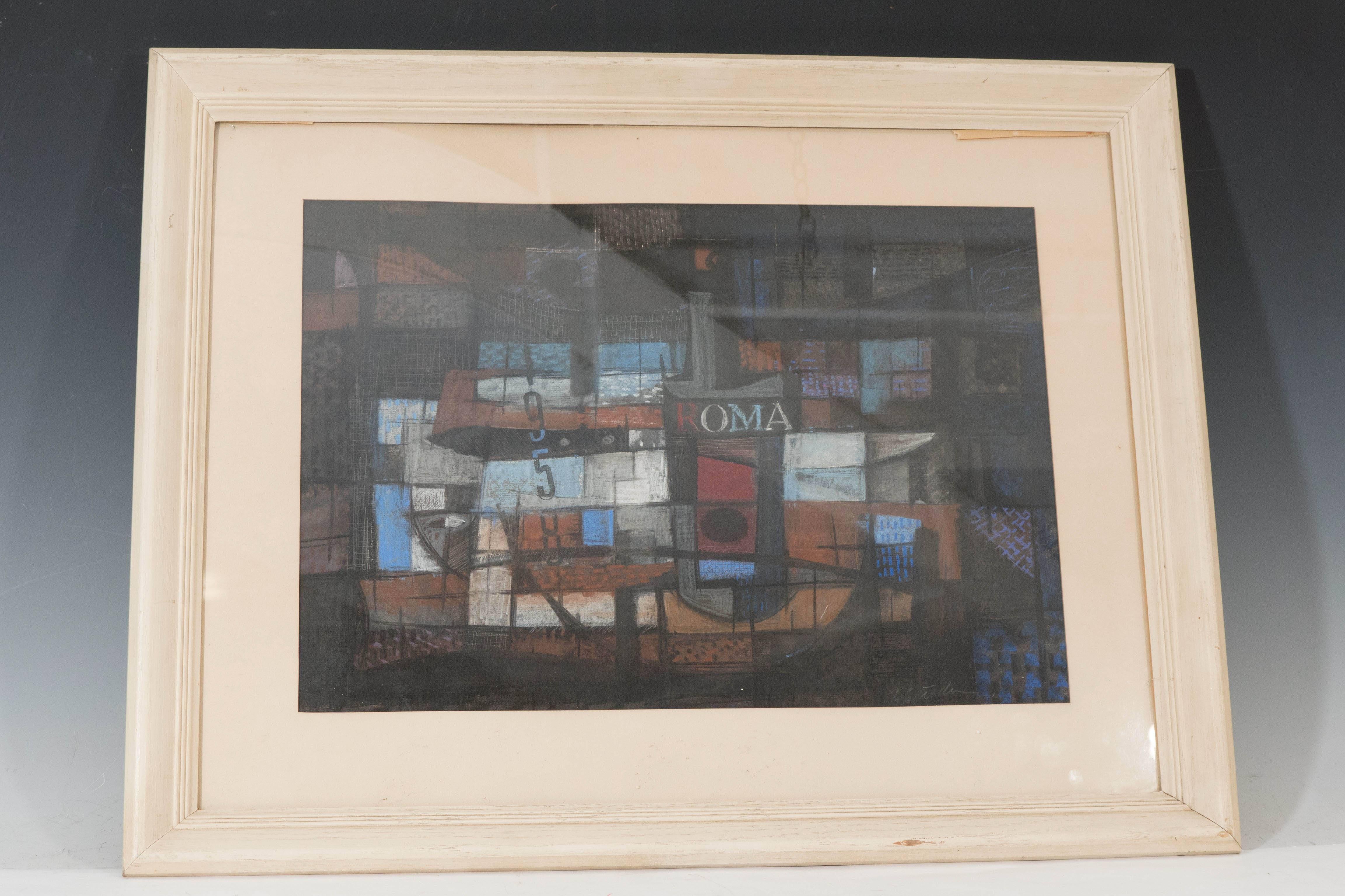 Mid-Century Modern Midcentury Cubist Pastel on Paper, Signed and Framed