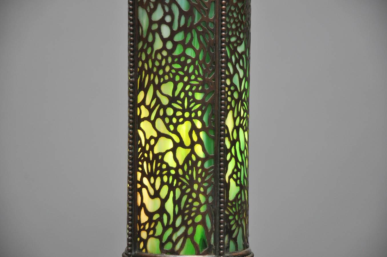 American Art Nouveau Tiffany Inspired Large Geometric Bronze Floor Lamp, New York, 1910 For Sale