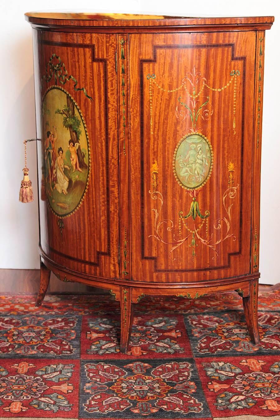 19th c Regency period satinwood demilune. hand painted scenes in the style of Angelica Kaufman