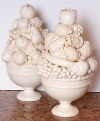 Pair of Tall Italian Creamware Pedestal Bowls of Fruit