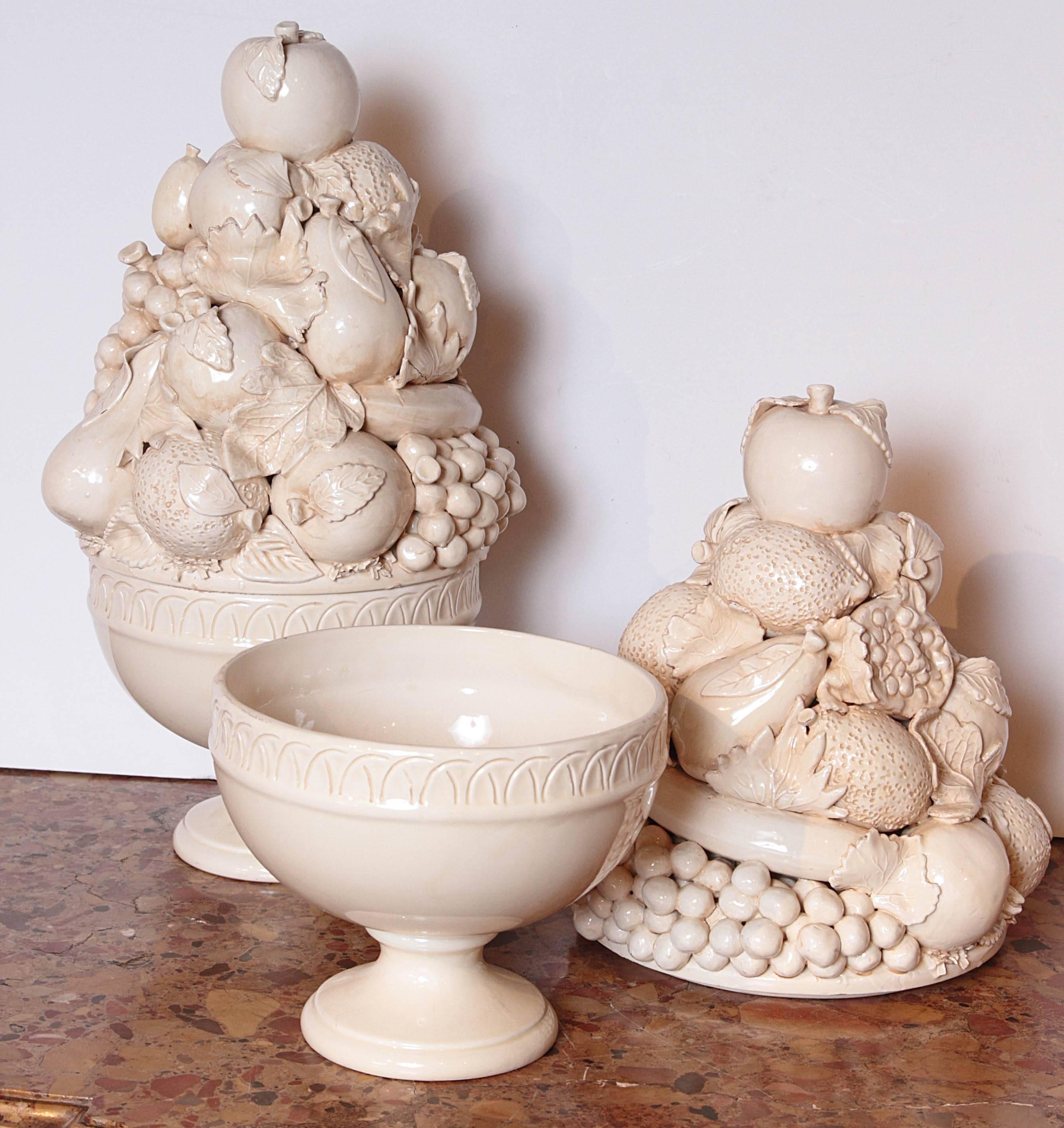 Glazed Pair of Tall Italian Creamware Pedestal Bowls of Fruit