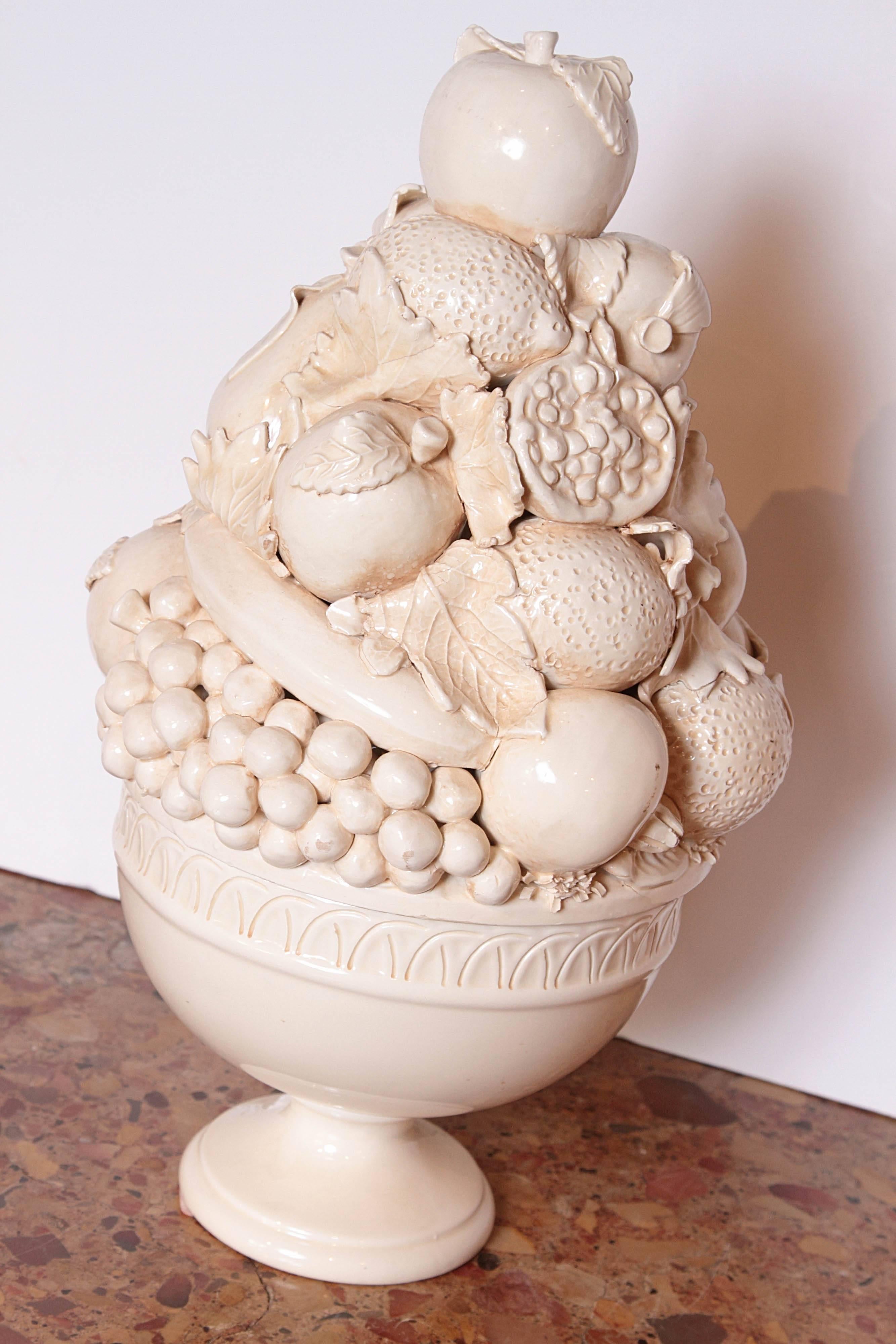 Mid-20th Century Pair of Tall Italian Creamware Pedestal Bowls of Fruit