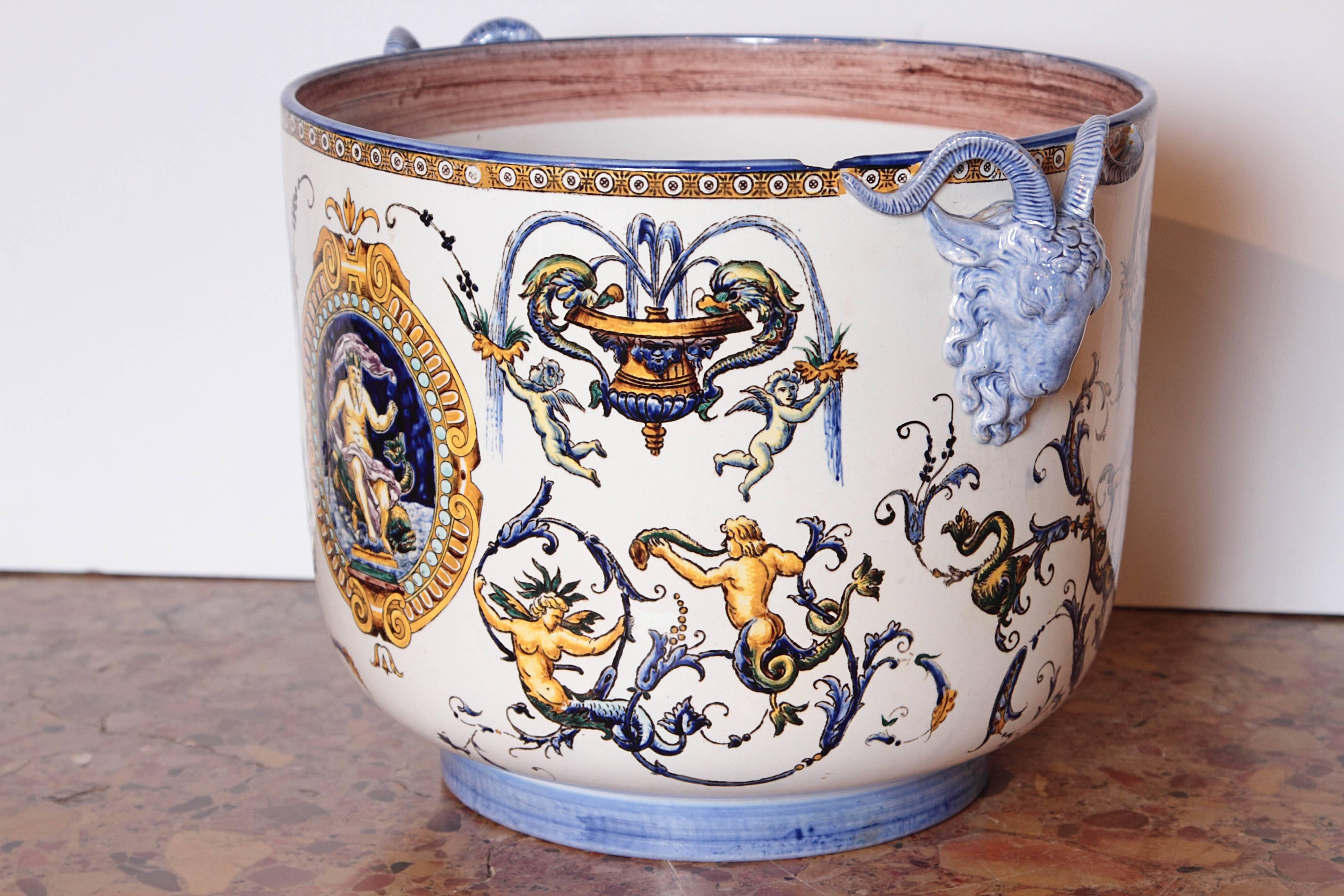 Antique French Faience Jardiniere by Gien In Good Condition In Dallas, TX