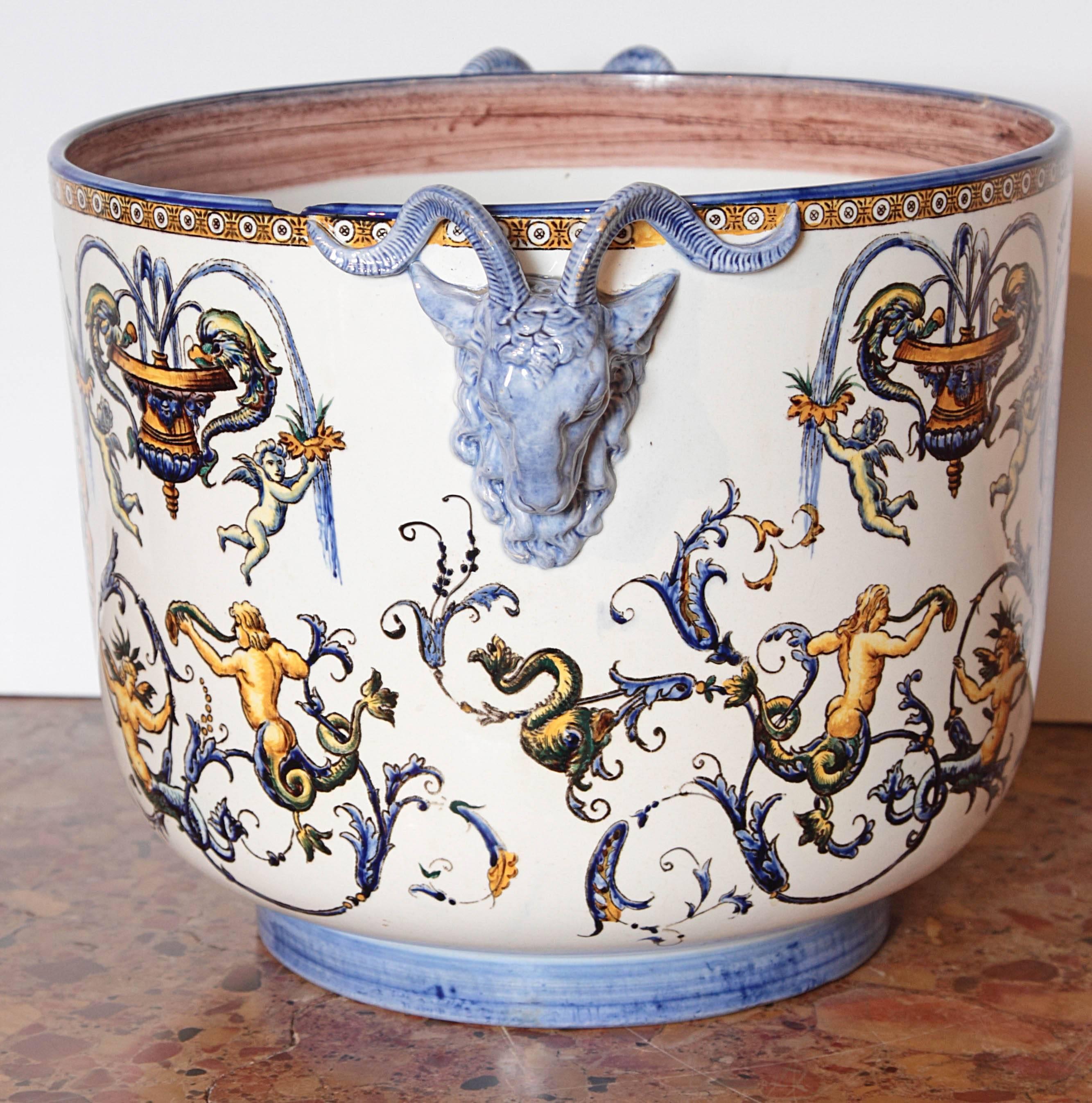 Mid-19th Century Antique French Faience Jardiniere by Gien