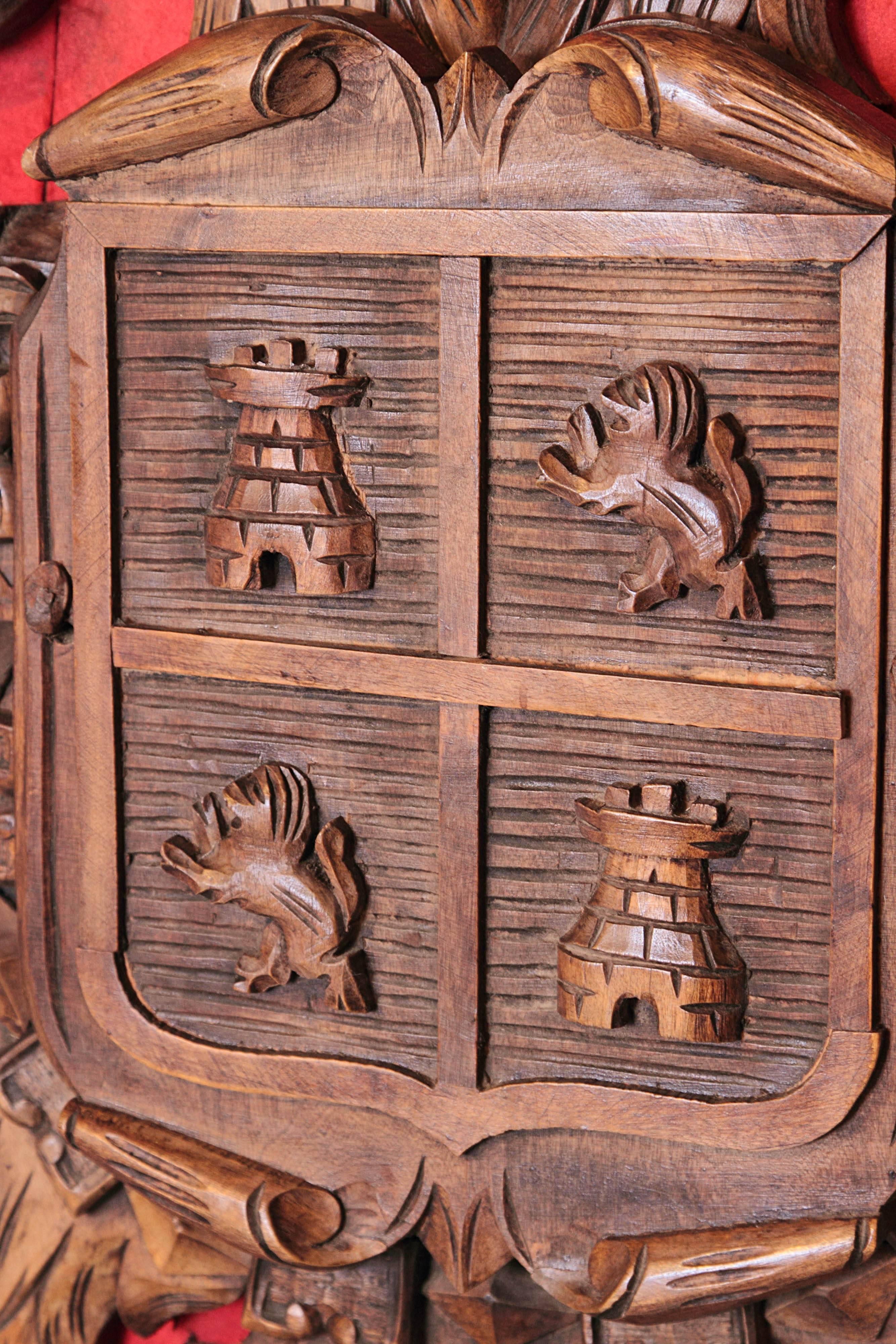 European Carved Antique Wooden Coat of Arms, circa 1900