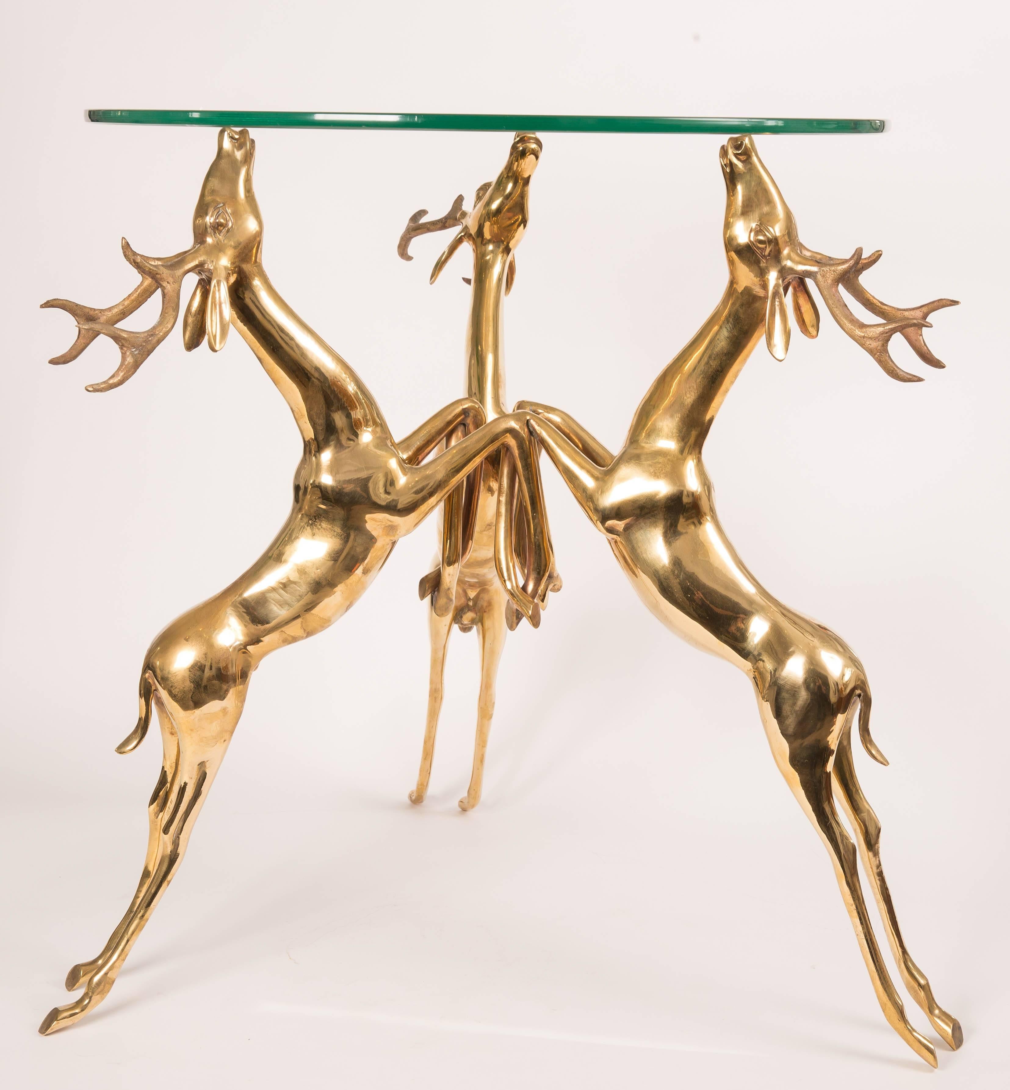 Mid-Century Modern Pair of Glass Top Side Tables Featuring Brass Base Composed of Rearing Deer
